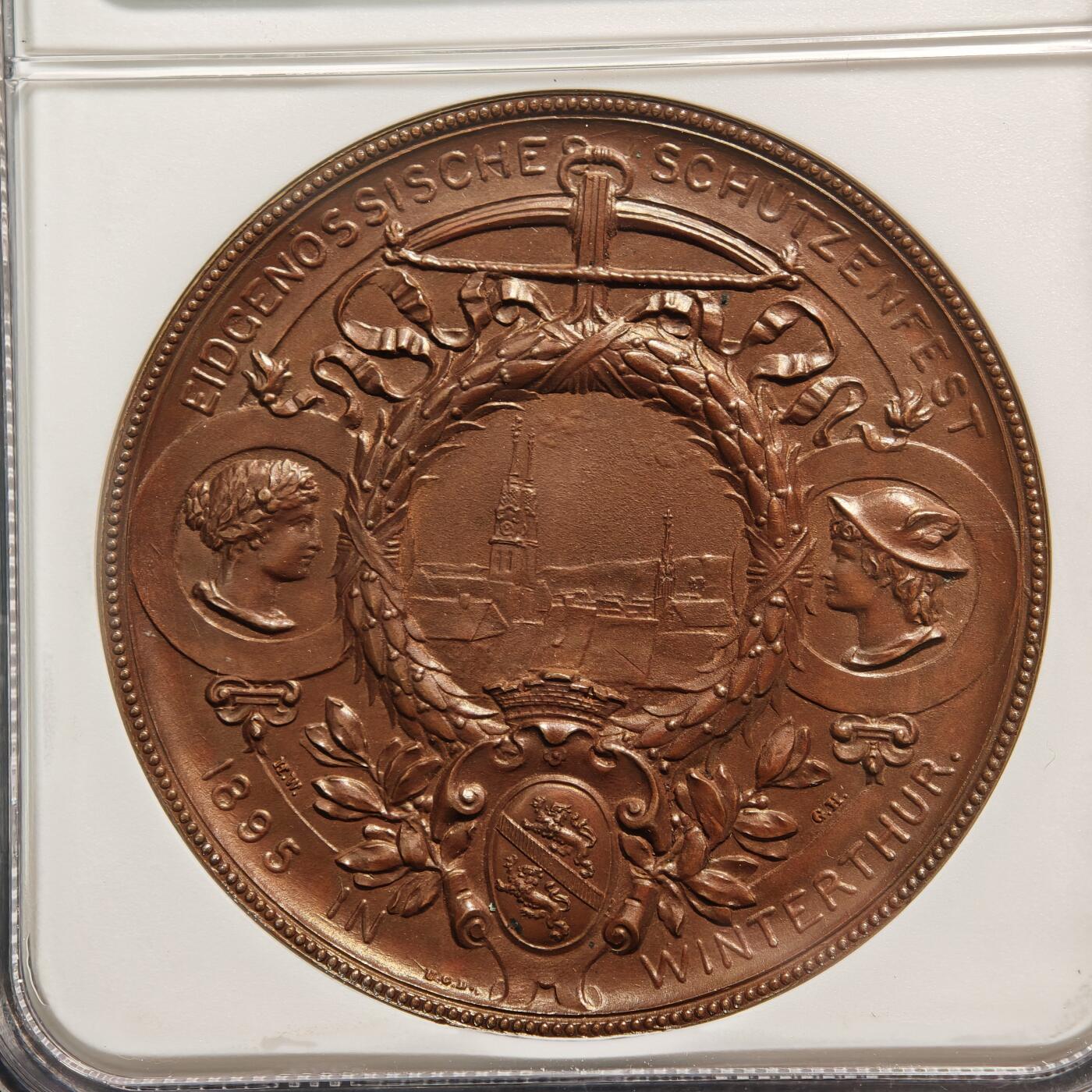 【德藏】世界币章拍卖第151期（拍品征集中~欢迎藏友联系） 1895年 瑞士温特图尔射击节女神铜章 NGC MS64BN 状态极佳 包浆温润