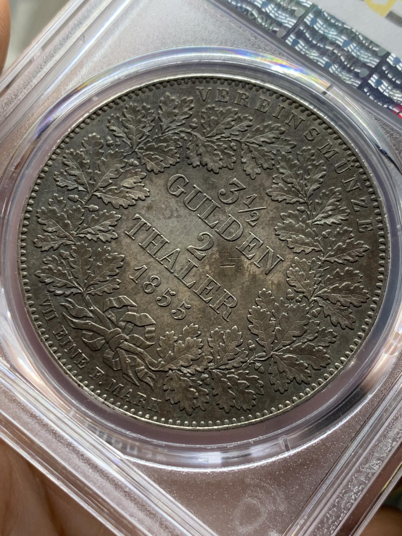 《竞宝斋》第433场 周日，周一 2场连拍 （全场包邮） PCGS AU55 德国符腾堡1855金婚2泰勒银币 状态非常好 包浆有点浓郁了