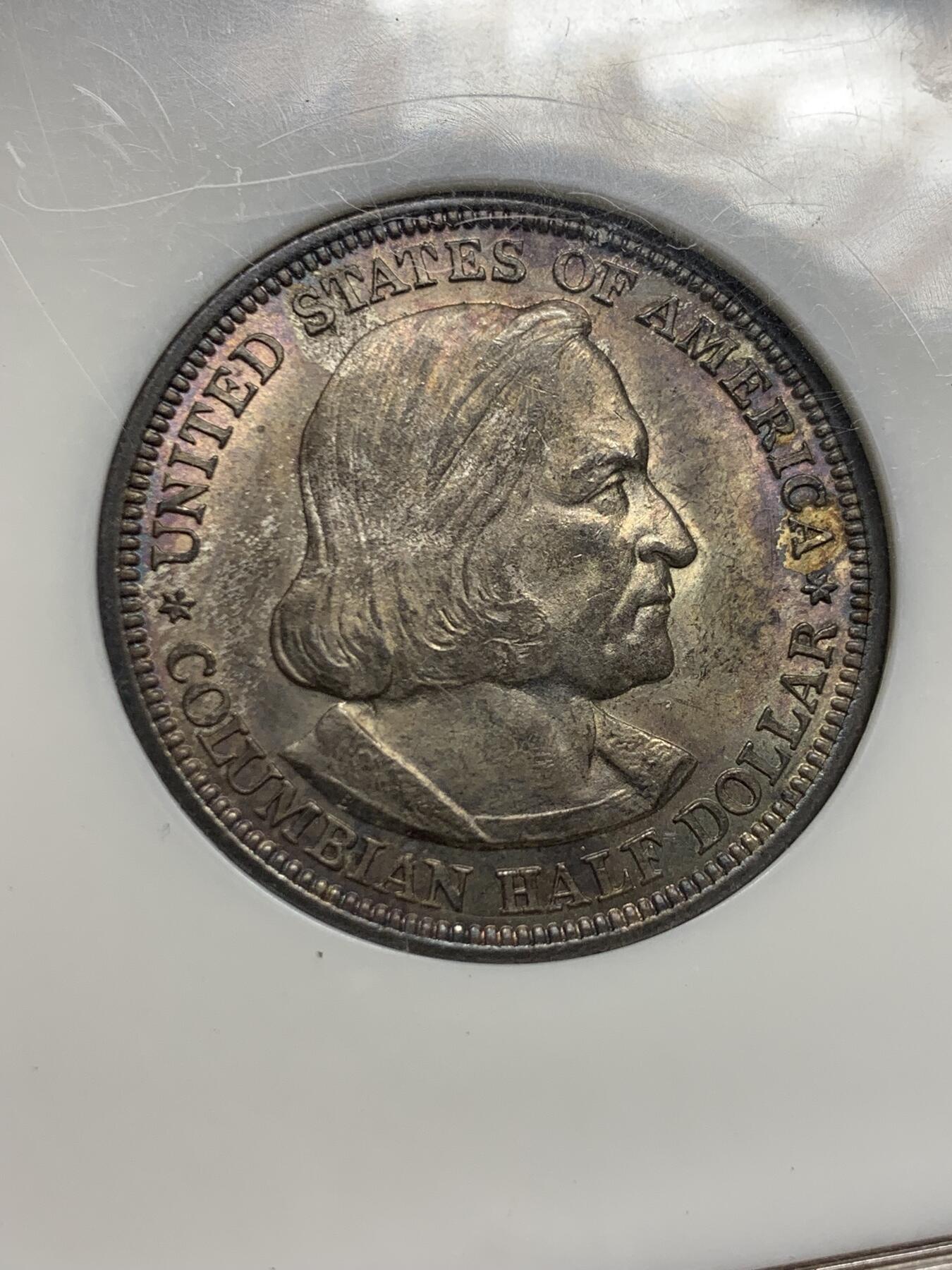 《竞宝斋》第433场 周日，周一 2场连拍 （全场包邮） NGC MS64 美国1893年哥伦布发现新大陆50分纪念银币 美币经典品种 两面玫瑰红彩 背面彩形成趣味币：帆船在暴风雨中乘风破浪