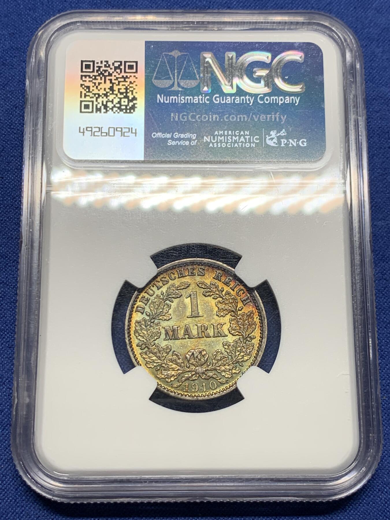 《竞宝斋》第433场 周日，周一 2场连拍 （全场包邮） NGC AU55 德国 1910年J厂 1马克银币 深彩包浆