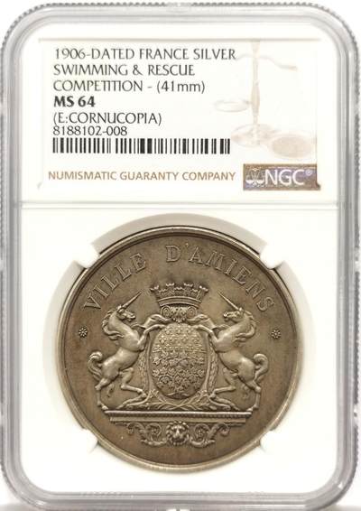 博洋堂世界钱币拍卖第144期（全场包邮） - NGC MS64 法国1906年水泳与救助竞赛金奖，冠军分，41mm30多克大银！双独角兽构图强而有力！