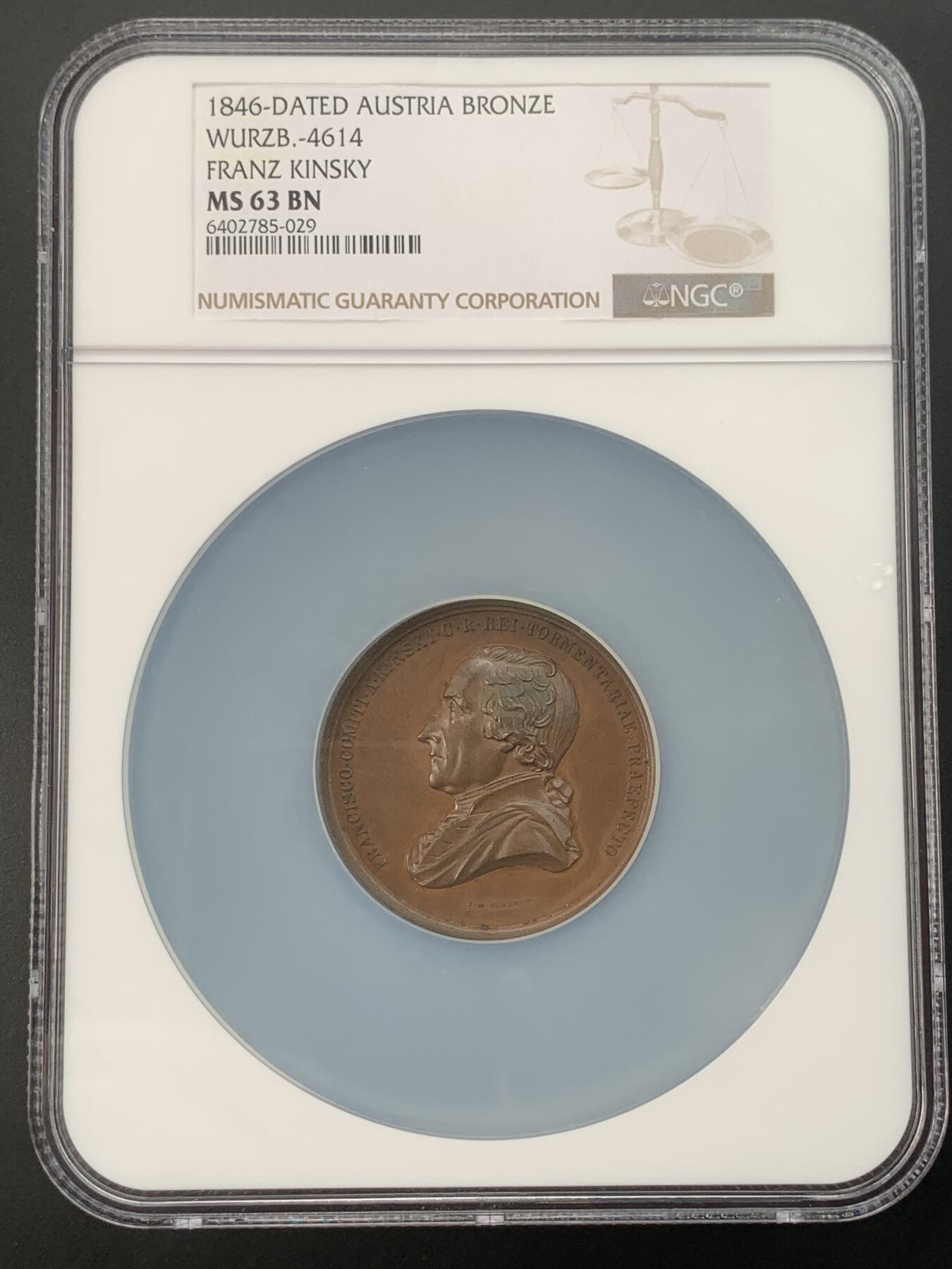 掌中浮雕-藏着的欧洲第039场 NGC MS63：1846年奥地利FRANZ KINSKY伯爵纪念铜章，48mm