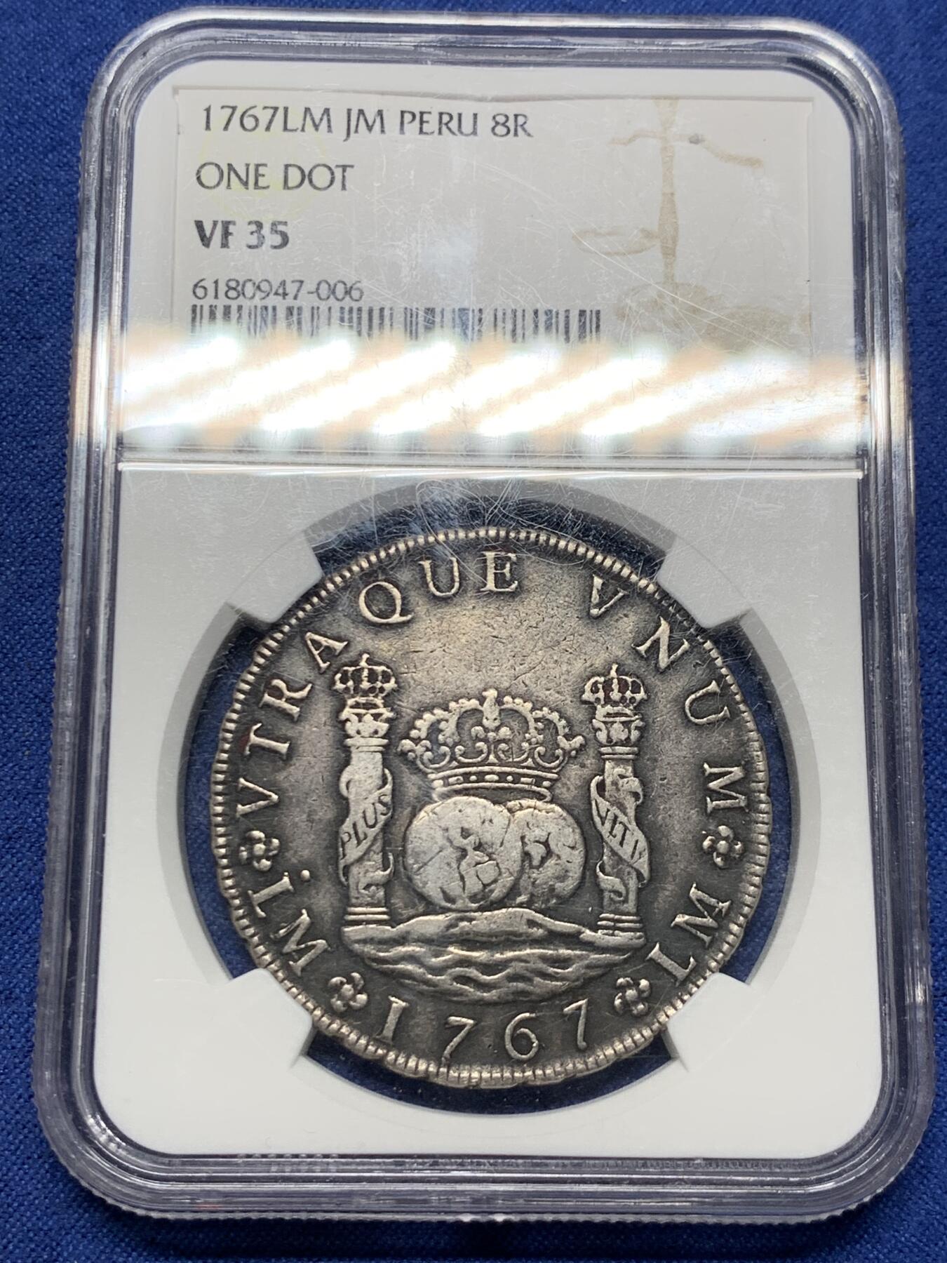 《竞宝斋》第433场 周日，周一 2场连拍 （全场包邮） NGC VF35 秘鲁 1767年 LM 单点版 8R 地球 双柱大银币，少见品种，打制清晰，原味深彩，细节丰富，vf低评可博xf。