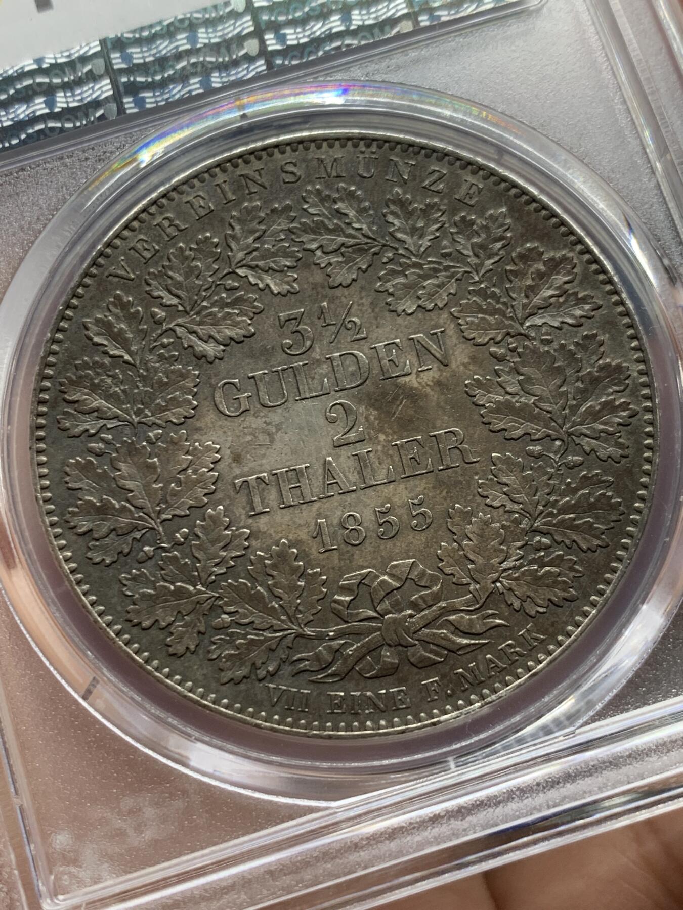 《竞宝斋》第433场 周日，周一 2场连拍 （全场包邮） PCGS AU55 德国符腾堡1855金婚2泰勒银币 状态非常好 包浆有点浓郁了