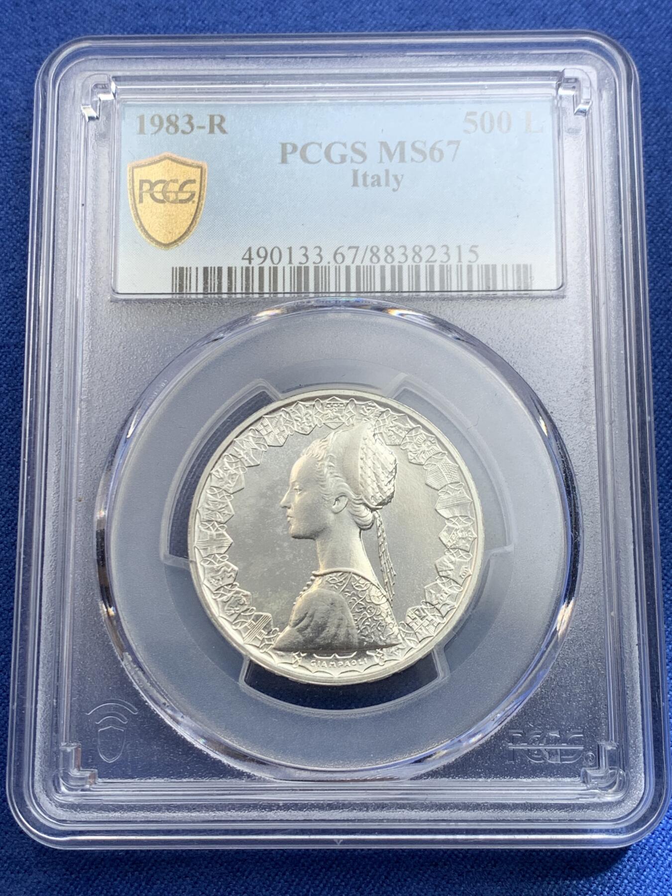 《竞宝斋》第433场 周日，周一 2场连拍 （全场包邮） PCGS MS67 意大利 1983年 人妻帆船500里拉 普制银币 PCGS亚军分，发行量不到77000枚，普制高分难得少见