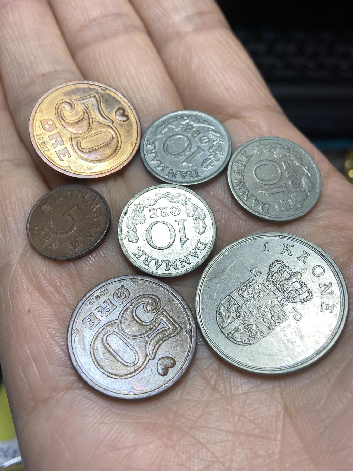 2025年第一百一十八场(总第一百四十四场）外国好品散币(免佣金) 丹麦🇩🇰散币7枚：1970年1克朗，1989年1990年50欧尔，1967年68年69年10欧尔，1975年5欧尔