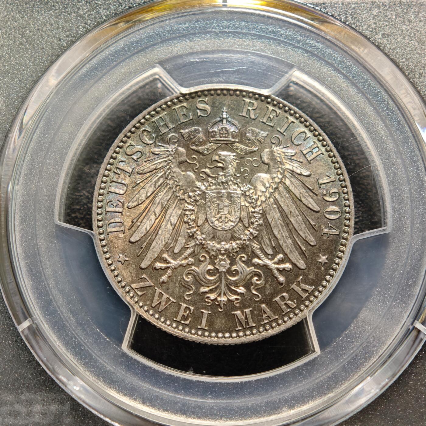 【德藏】世界币章拍卖第151期（拍品征集中~欢迎藏友联系） 1904年 德国萨克森2马克银币 PCGS MS67 老五彩包浆 深邃迷人 难得高分使之更具收藏意义