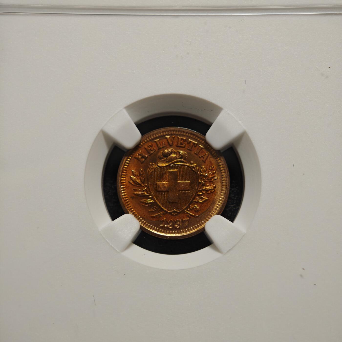 【德藏】世界币章拍卖第151期（拍品征集中~欢迎藏友联系） 1937年 瑞士1生丁铜币 NGC MS64RB 原光十足