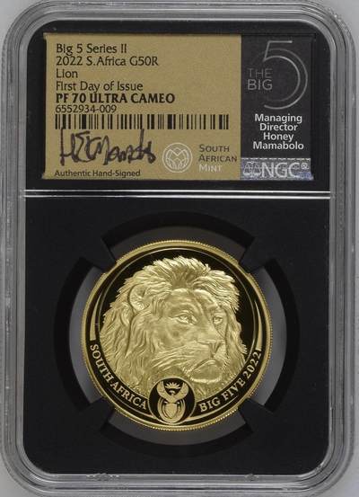 第180期拍卖【长期征集拍品】【北京币展专场】 - 南非2022年非洲五霸系列第二组狮子NGC-PF70满分。克劳斯获奖币。1oz纯金币