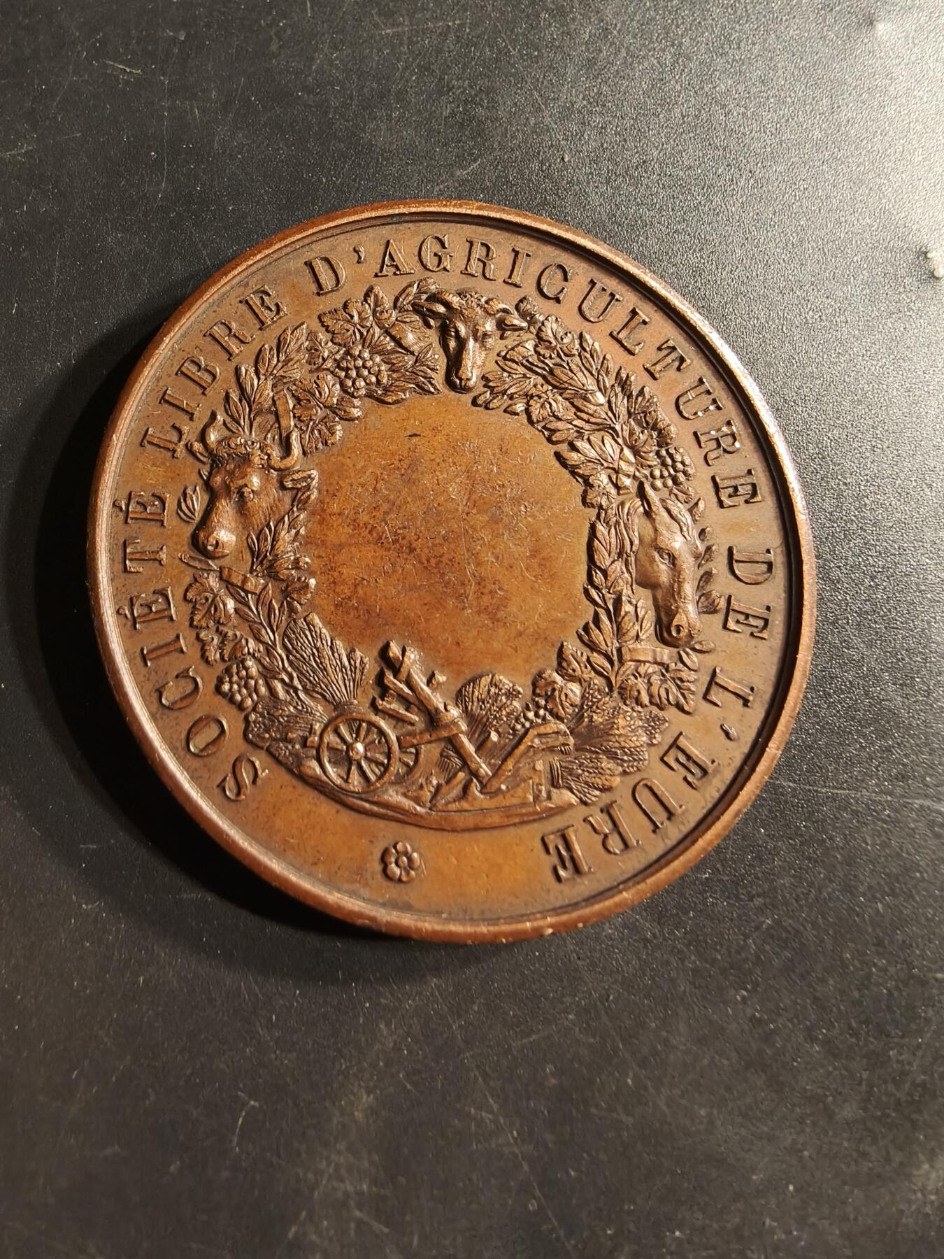 老王徽章第159期  法国厄尔省农业协会大铜章     cuivre铜标    直径50mm.   重量60.9g
