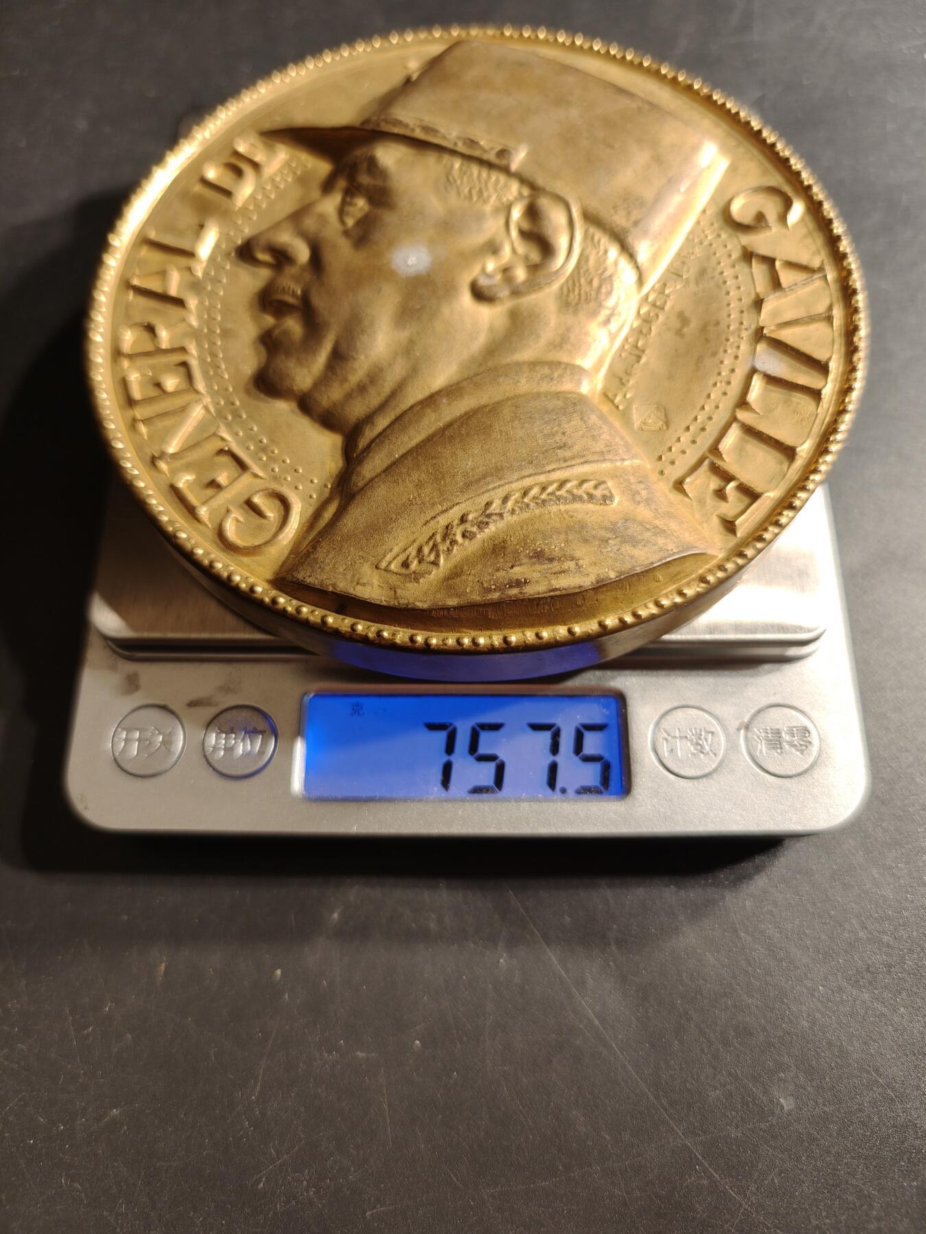 老王徽章第159期 法国夏尔戴高乐将军镀金大铜章     巨大尺寸    直径10.8cm.    重量757.5g.    高浮雕