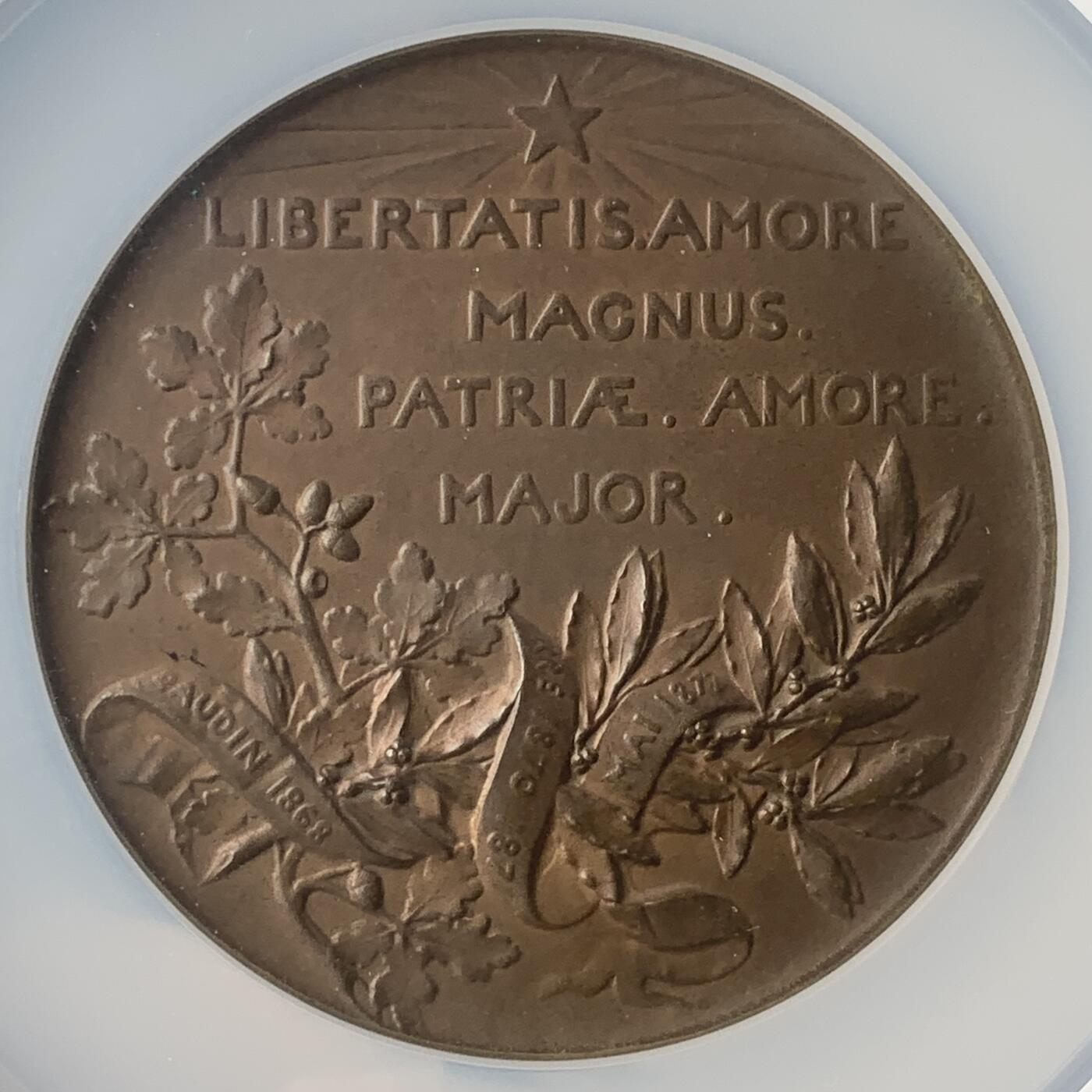 掌中浮雕-藏着的欧洲第039场 NGC MS64 : 1882年法国政治家莱昂·甘必大（Léon Gambetta）逝世纪念铜章，69mm，章牌艺术大师奥斯卡·罗蒂作品