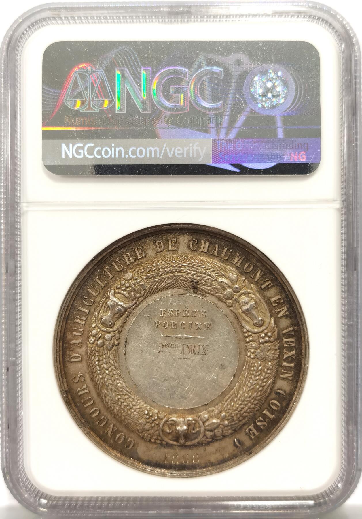 博洋堂世界钱币拍卖第144期（全场包邮） NGC MS62 法国1868年拿三原铸款农业竞赛金奖大银章！蜜蜂边铭原铸款少见！不是后铸后发的！