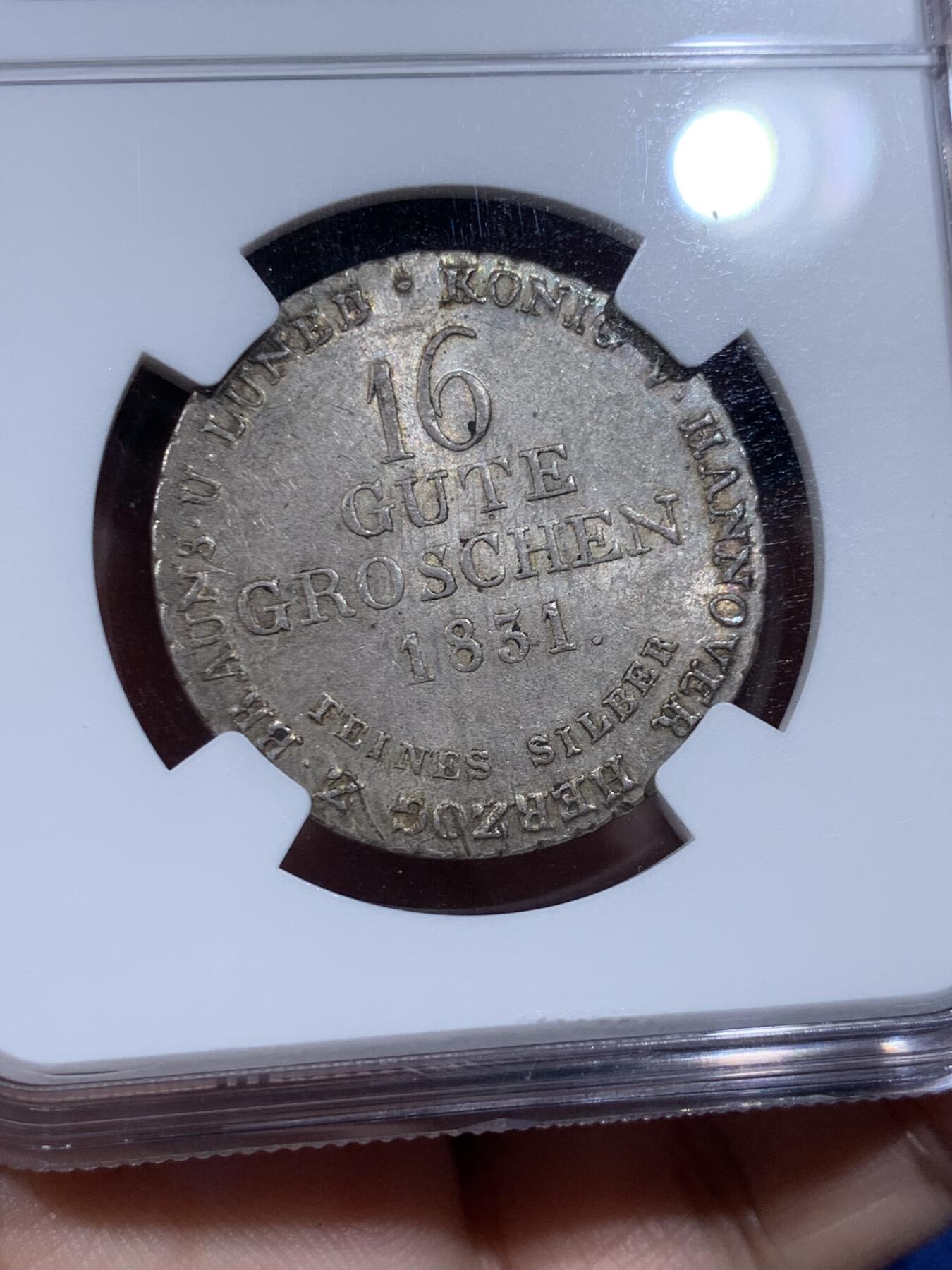 《竞宝斋》第433场 周日，周一 2场连拍 （全场包邮） NGC MS63 德国1831年汉诺威飞马16格罗申银币，稀见状态，银底蕴含着光彩，63分值得收藏。盒子侧面小磕