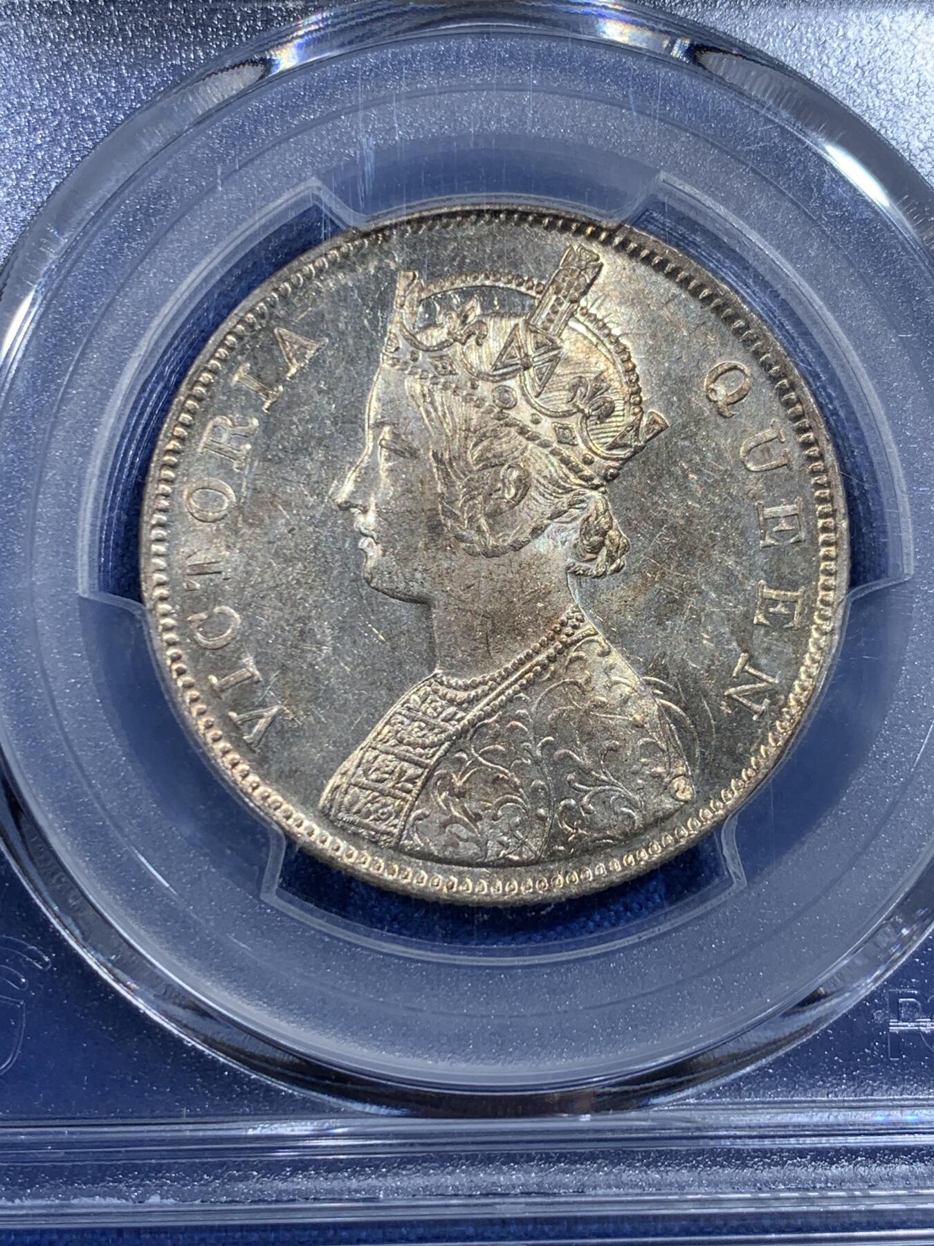 《竞宝斋》第433场 周日，周一 2场连拍 （全场包邮） PCGS MS62 英属印度1862年维多利亚女王1卢比银币，原光好状态