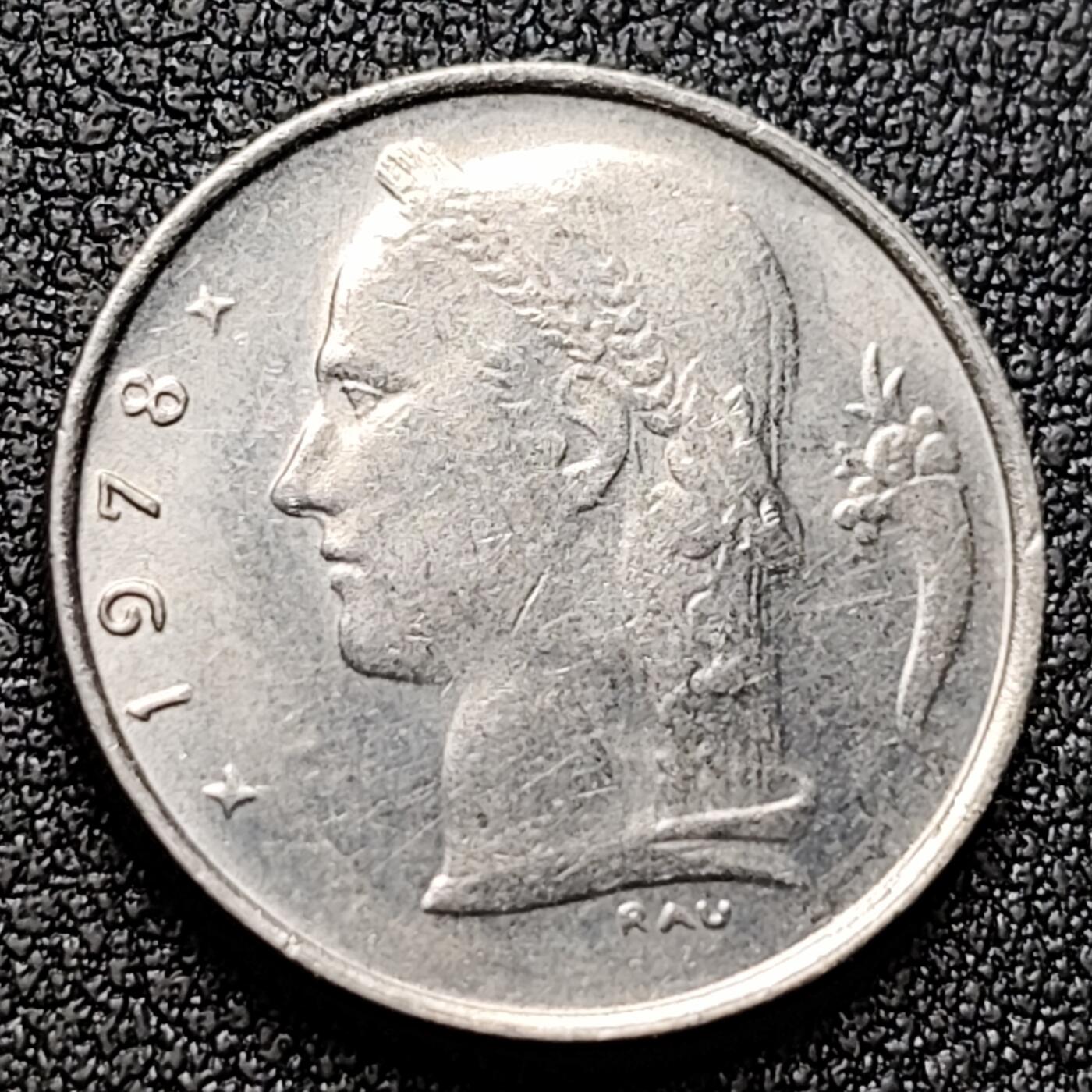 泉币菌-第118场-精品福利场 比利时1978年1法郎铜镍币（佛兰芒文版BELGIË），谷物女神