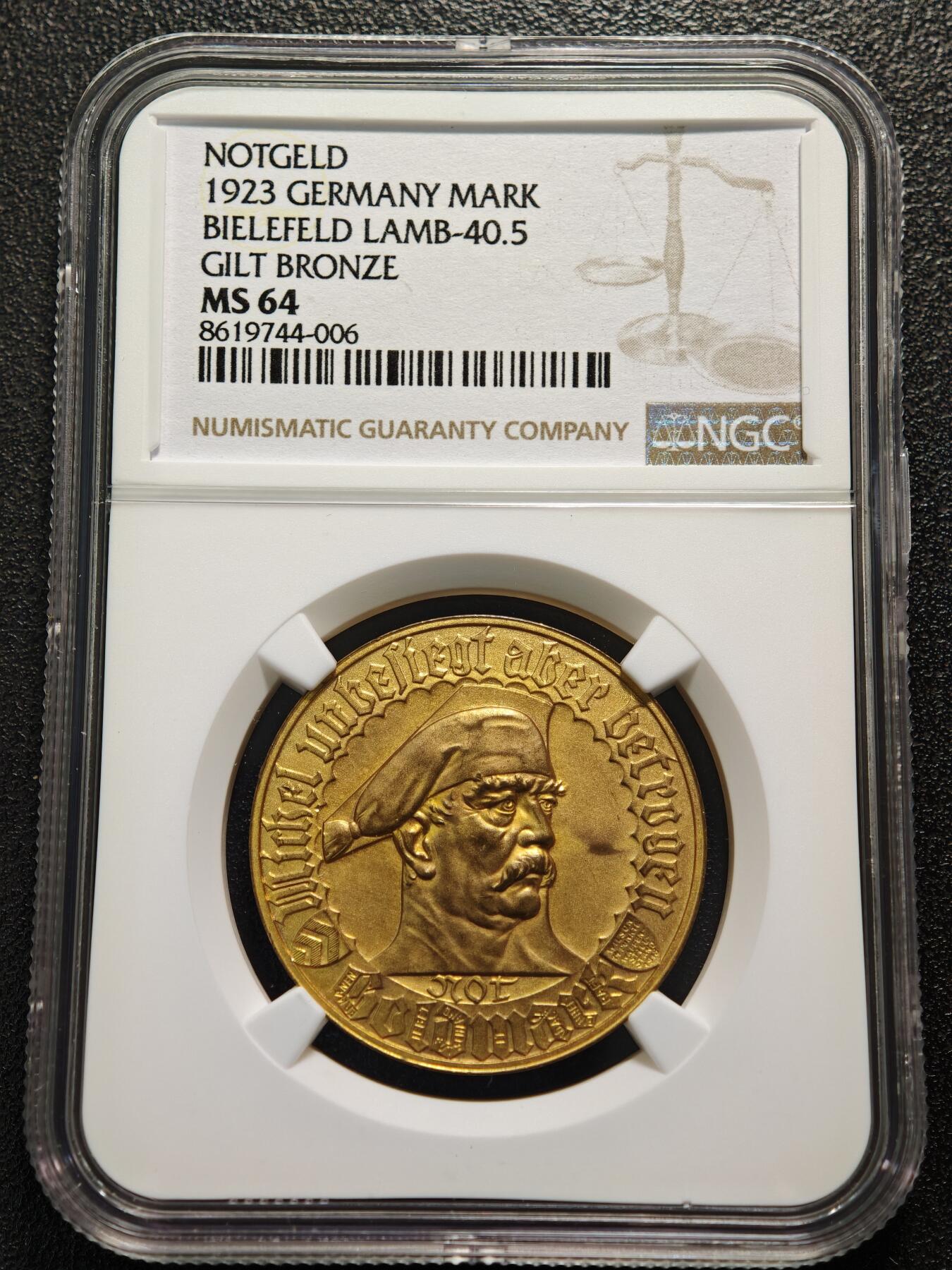 【德藏】世界币章拍卖第151期（拍品征集中~欢迎藏友联系） 1923年 德国德紧比勒菲尔德1金马克镀金铜币 NGC MS64 等值于一万亿马克 与威斯特法伦一万亿大马币等值 是世界上面值最大的硬币