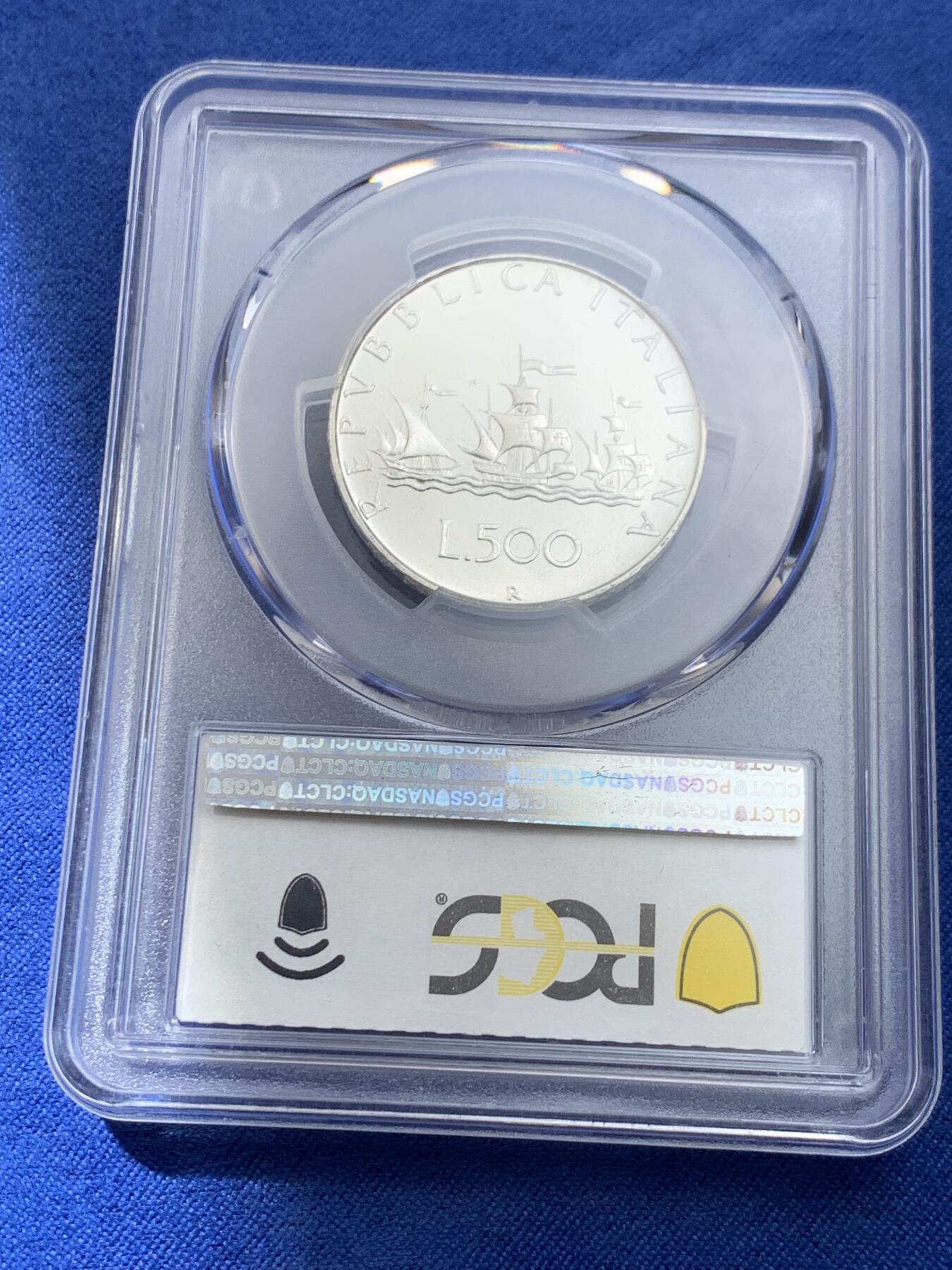《竞宝斋》第433场 周日，周一 2场连拍 （全场包邮） PCGS MS67 意大利 1983年 人妻帆船500里拉 普制银币 PCGS亚军分，发行量不到77000枚，普制高分难得少见