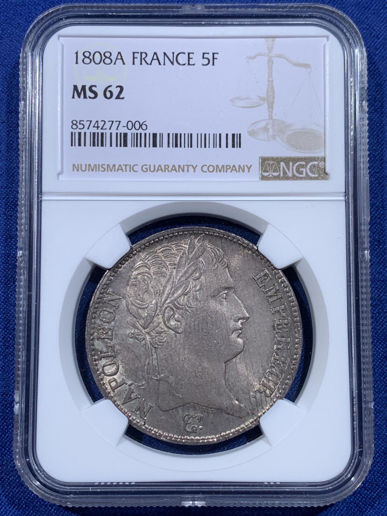 《竞宝斋》第433场 周日，周一 2场连拍 （全场包邮） NGC MS62 法国1808年拿破仑5法郎银币