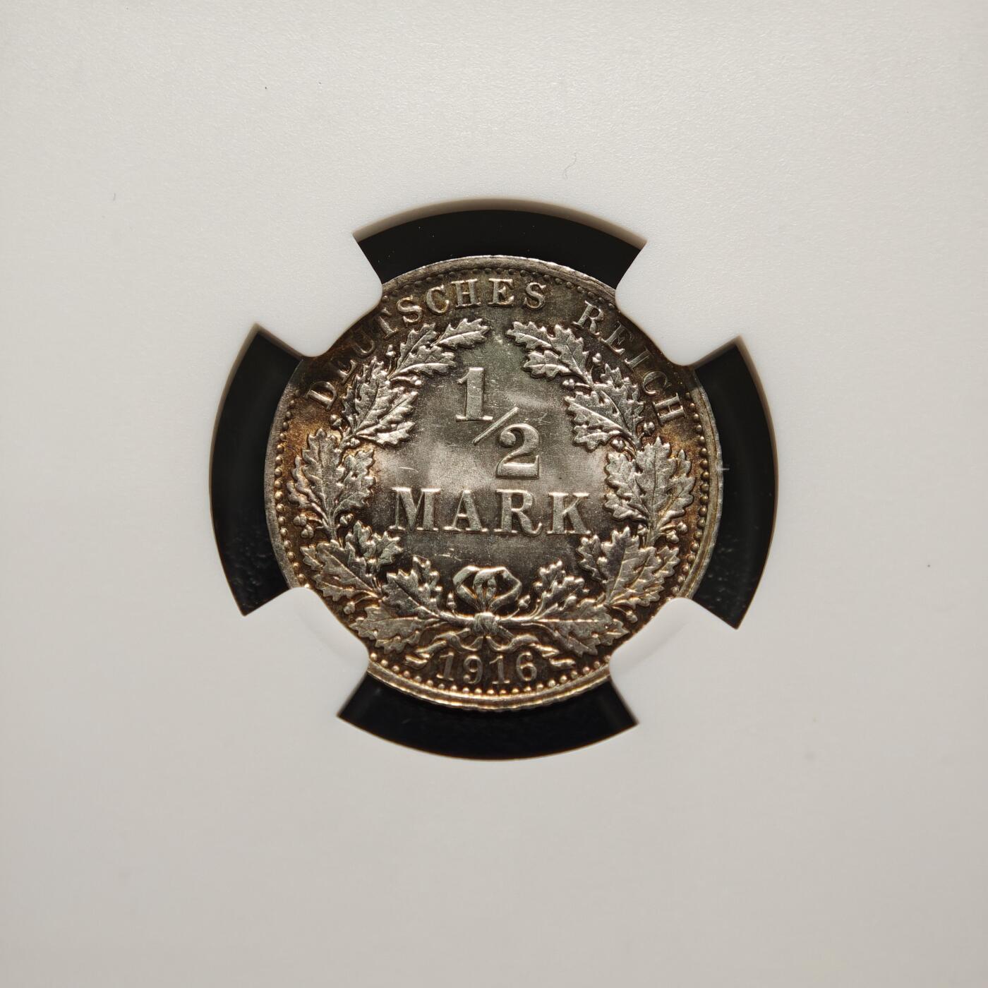 【德藏】世界币章拍卖第151期（拍品征集中~欢迎藏友联系） 1916年 德国1/2马克银币 NGC MS65 淡黄油包浆 