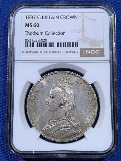 《竞宝斋》第433场 周日，周一 2场连拍 （全场包邮） - NGC MS60 英国1887年维多利亚高冠马剑克朗，英国钱币名家Thorbum旧藏，双面带光，整体不错，适合自藏。