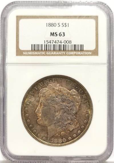 博洋堂世界钱币拍卖第144期（全场包邮） - NGC MS63 美国1880年摩根银币S厂 NGC老盒，底板PL效果显著，女神面好看的香槟金环彩，中间紫红满彩