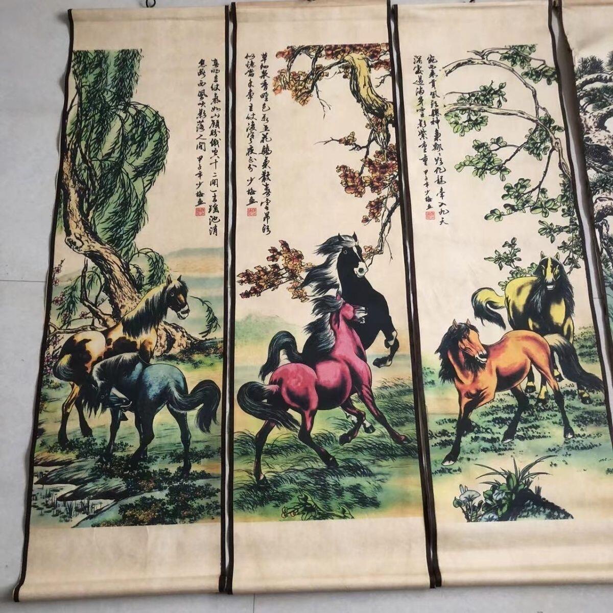 听雨轩（10） 名家名画中堂挂画（一） 陈少梅 八骏图四条屏 