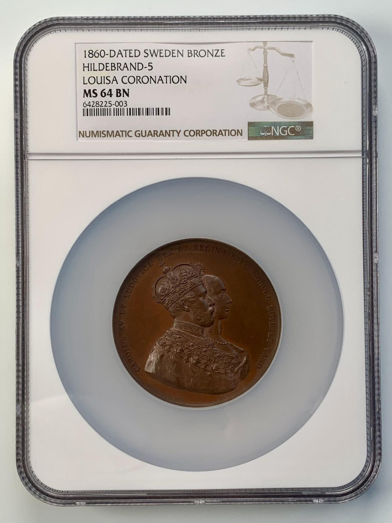 掌中浮雕-藏着的欧洲第039场 NGC MS64 ：1860年瑞典卡尔十五世加冕铜章 , 58 mm , J. Ericsson 雕刻，此章好品少见