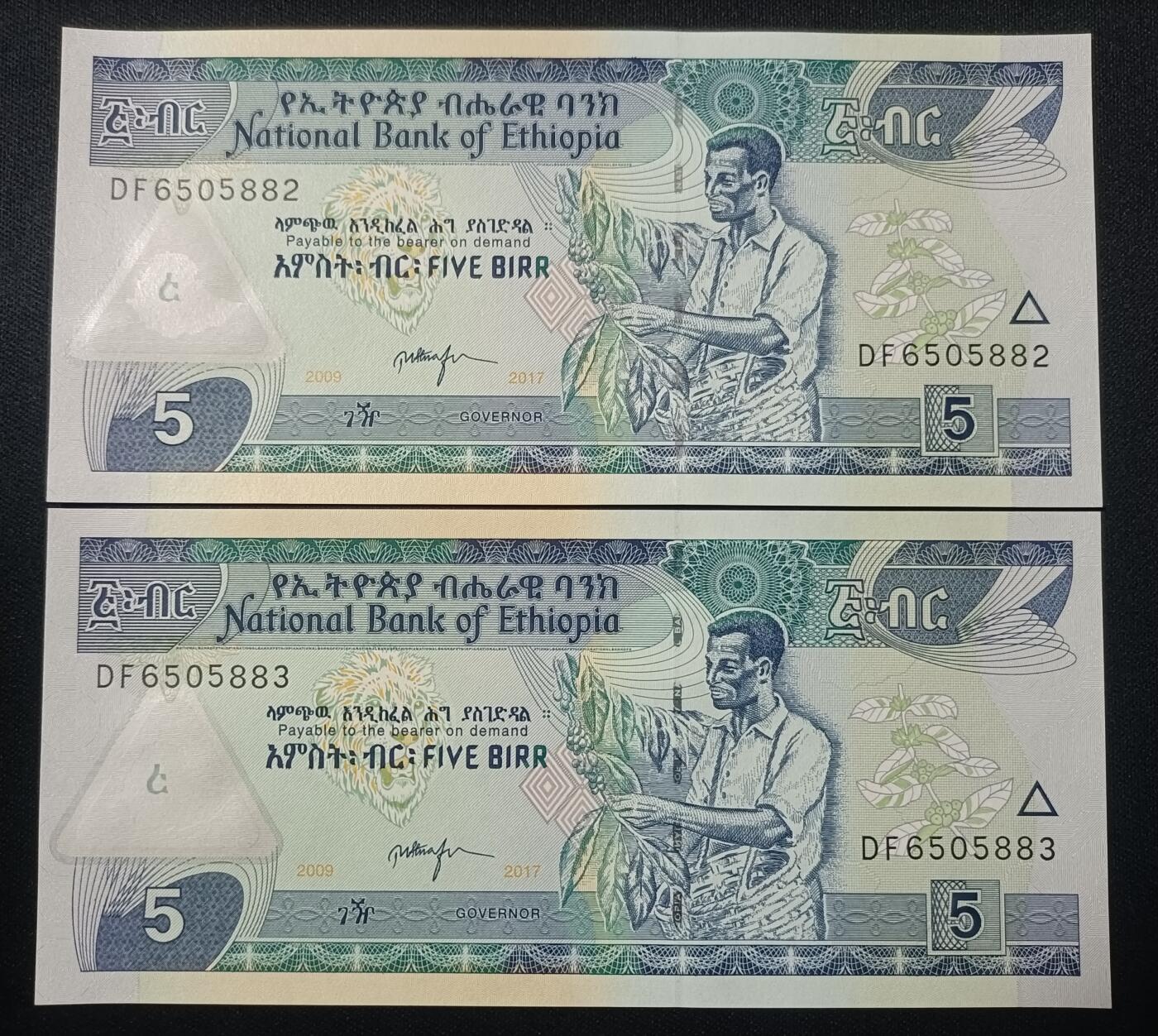 【游宝拍卖】乙巳蛇年82期  埃塞俄比亚-5比尔【二连 2017年 UNC 】