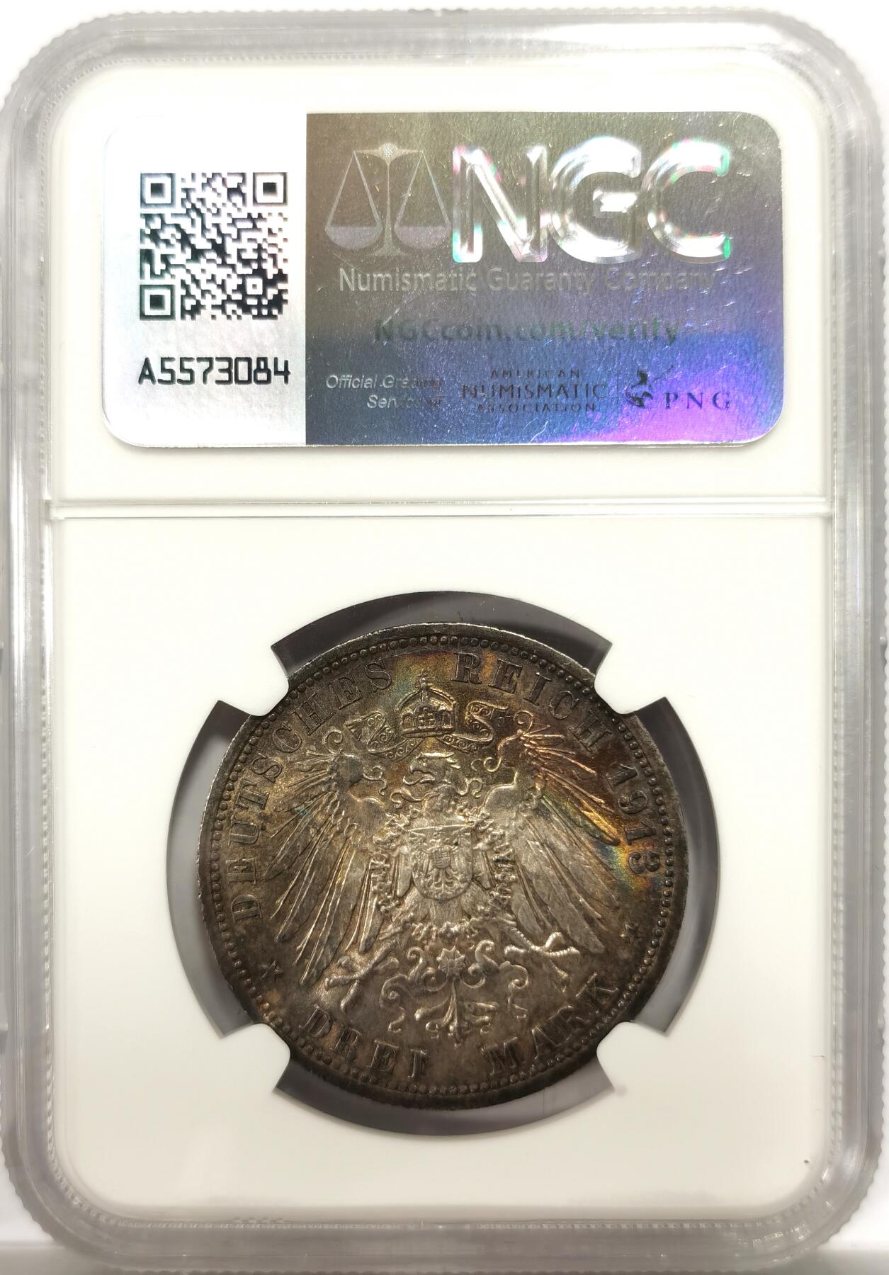 博洋堂世界钱币拍卖第144期（全场包邮） NGC MS62 德国普鲁士1913年银禧3马克银币
