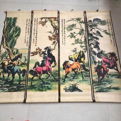 听雨轩（10） 名家名画中堂挂画（一） - 陈少梅 八骏图四条屏 