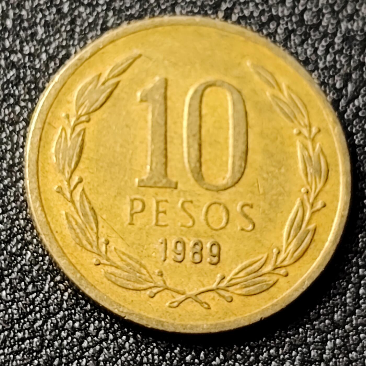 泉币菌-第119场-精品福利场 美品 1989年智利10比索黄铜币 21mm飞人自由女神 