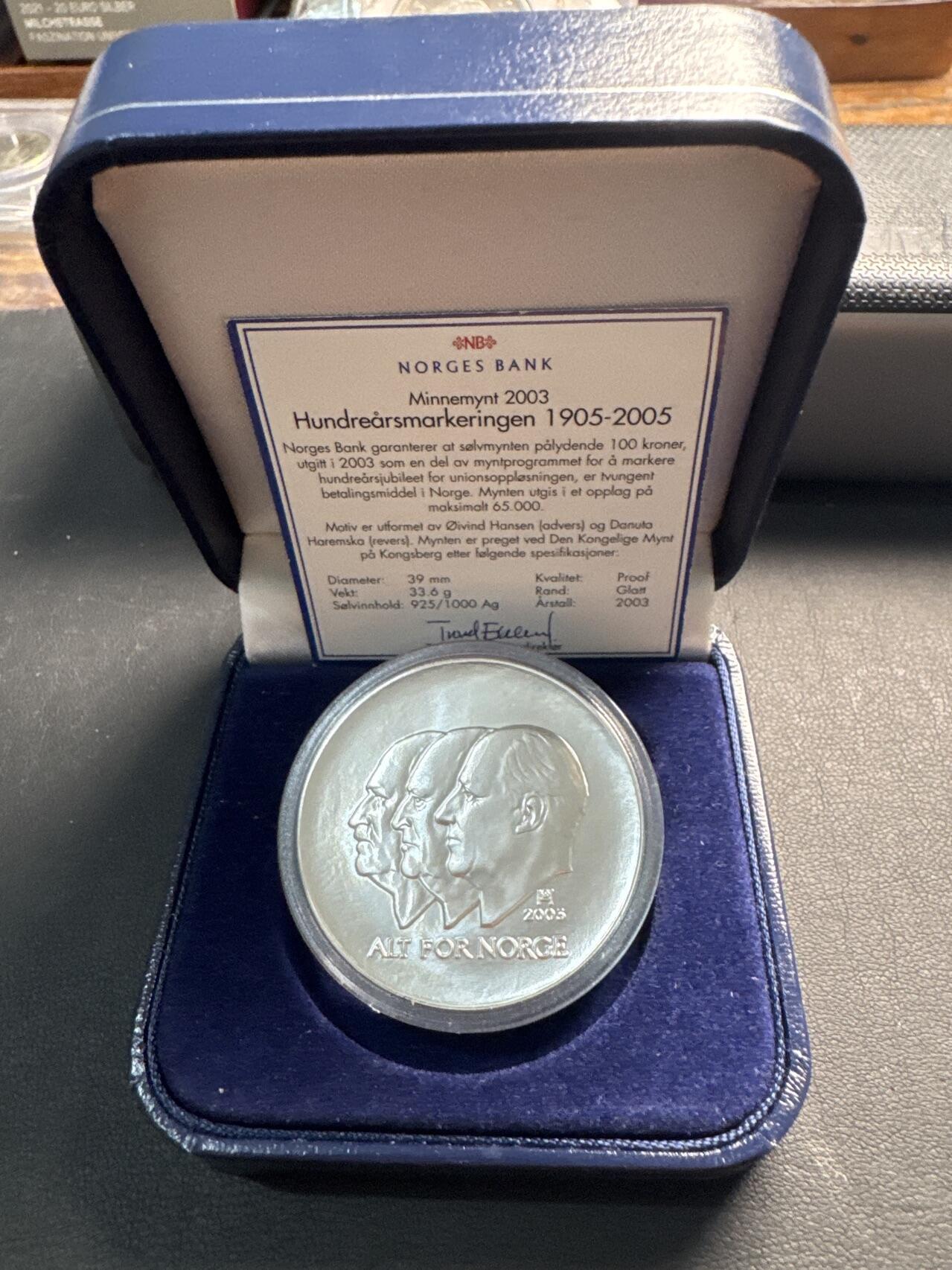 ❤️【币观天下】❤️ 第329期钱币拍卖- 2025.10.31周五晚上6点半场-长期征集拍品 挪威2005年建国百年100克朗银币