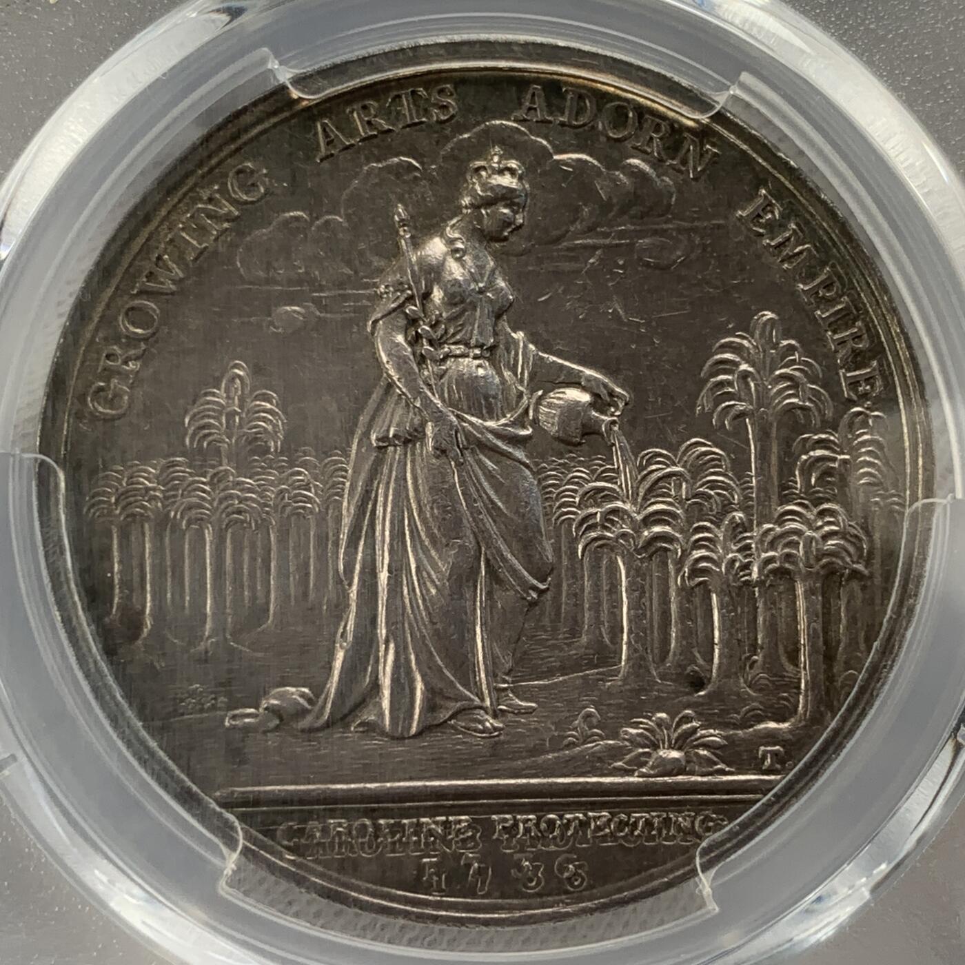 掌中浮雕-藏着的欧洲第039场 PCGS MS61 : 1736年英国乔治二世时期北美殖民地银章，39mm，Eimer-537
