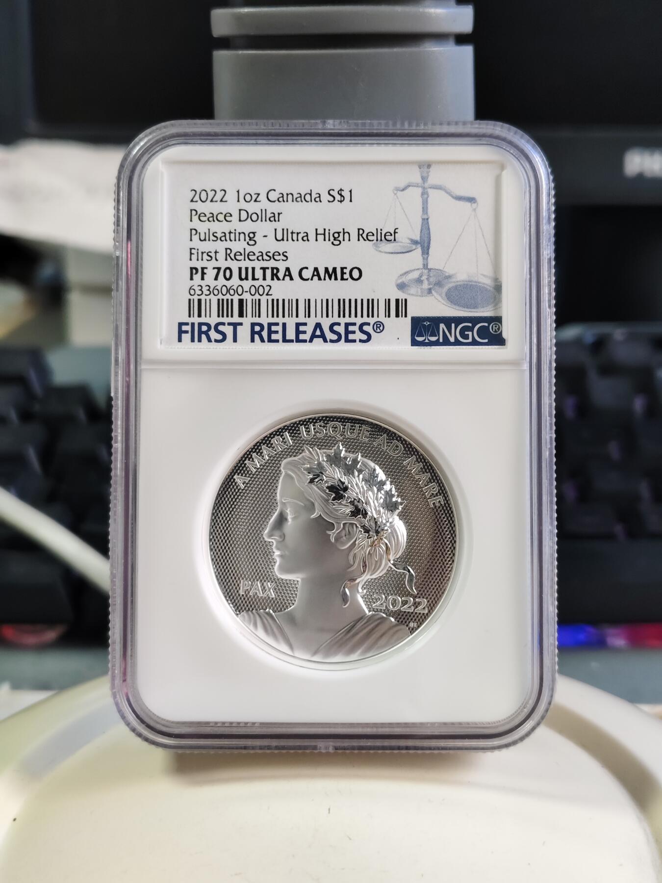 第180期拍卖【长期征集拍品】【北京币展专场】 首期NGC-PF70ULTRACAME0加拿大2021年从海到海和平女神系列高浮雕银币20加元，30.76克，9999银，发行5000枚，无盒证书