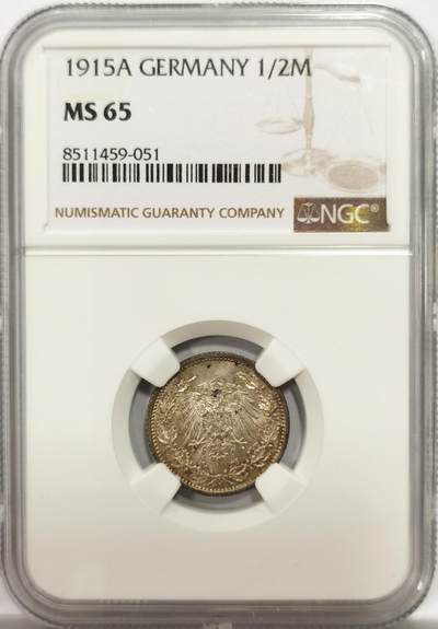 博洋堂世界钱币拍卖第144期（全场包邮） - NGC MS65 德国1915年1/2马克银币