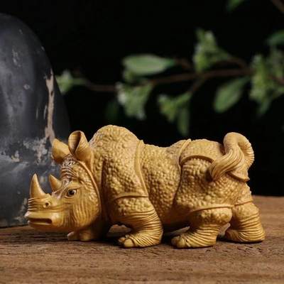 听雨轩 （十二）精品木雕 核雕 - 黄杨木雕刻犀牛手把件 8cm