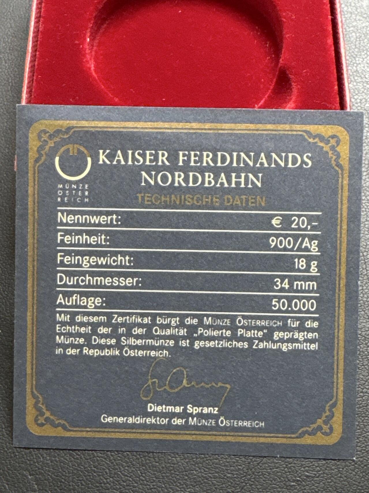 ❤️【币观天下】❤️ 第329期钱币拍卖- 2025.10.31周五晚上6点半场-长期征集拍品 原厂盒证奥地利2007年20欧元维也纳Triest南线铁路精制银币900银20克直径34毫米