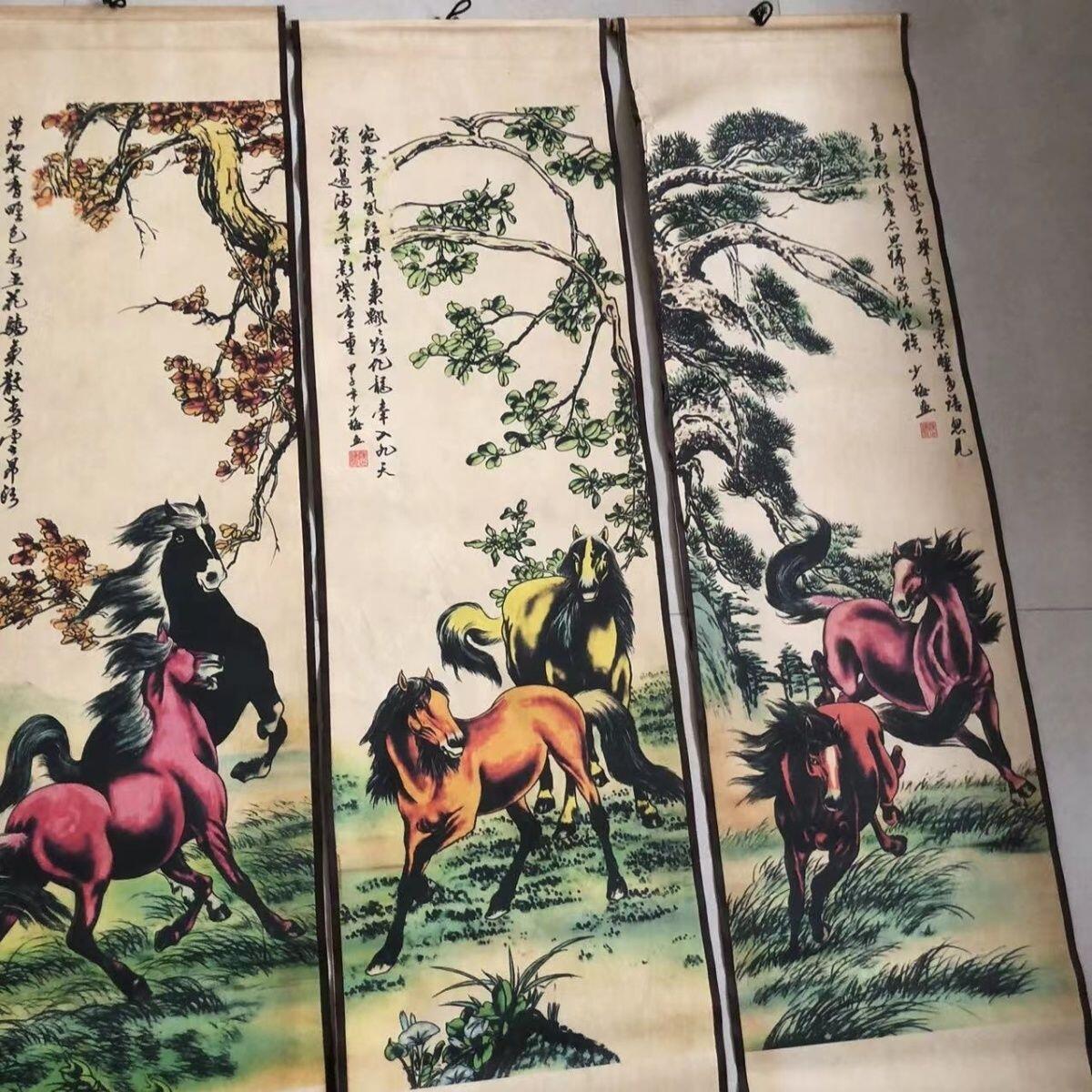 听雨轩（10） 名家名画中堂挂画（一） 陈少梅 八骏图四条屏 