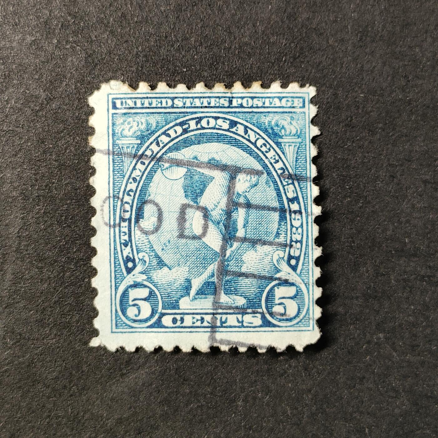 嘉禾收藏    【第362期】            无佣金、可寄存、满30元包邮 美国邮票，1932年洛杉矶夏季奥林匹克运动会·在地球仪前的米隆古代铁饼运动员雕像雕刻版