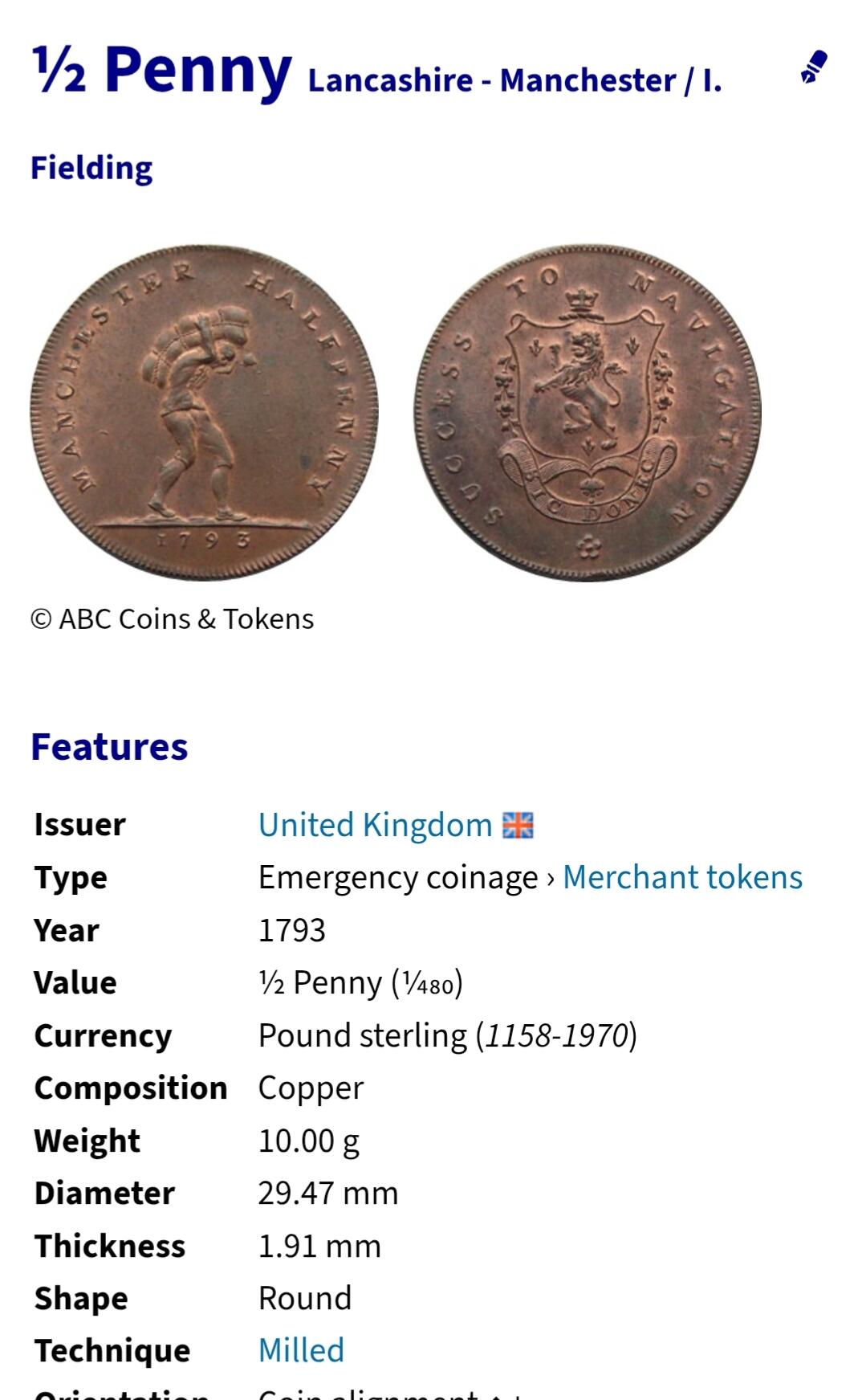 2025年第一百一十八场(总第一百四十四场）外国好品散币(免佣金) 英国🇬🇧1793年半便士代币(兰开夏郡曼彻斯特代币)