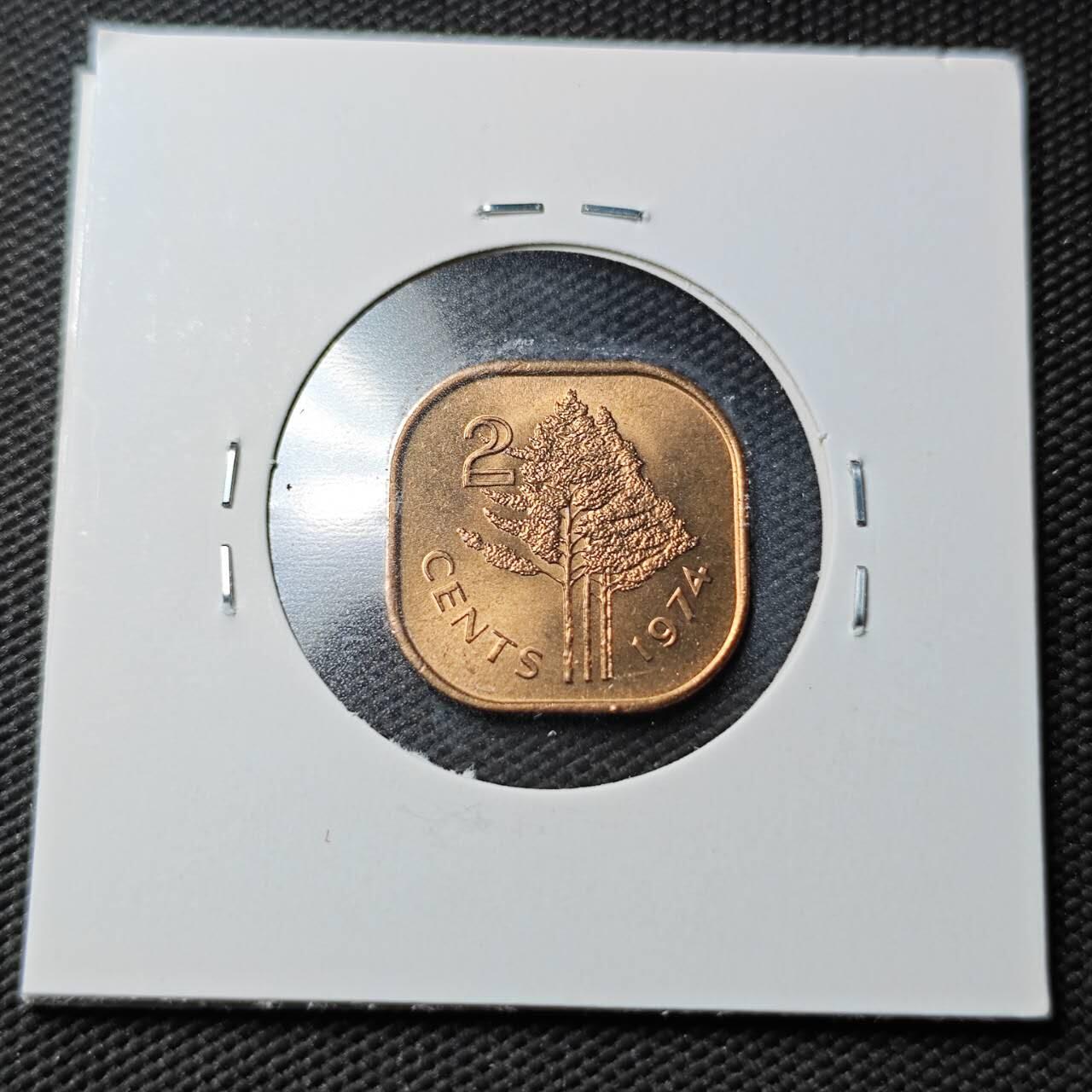 KK钱币收藏小铺  第360场  2月预留时间 周末发货 1974斯威士兰2分铜币 好品 