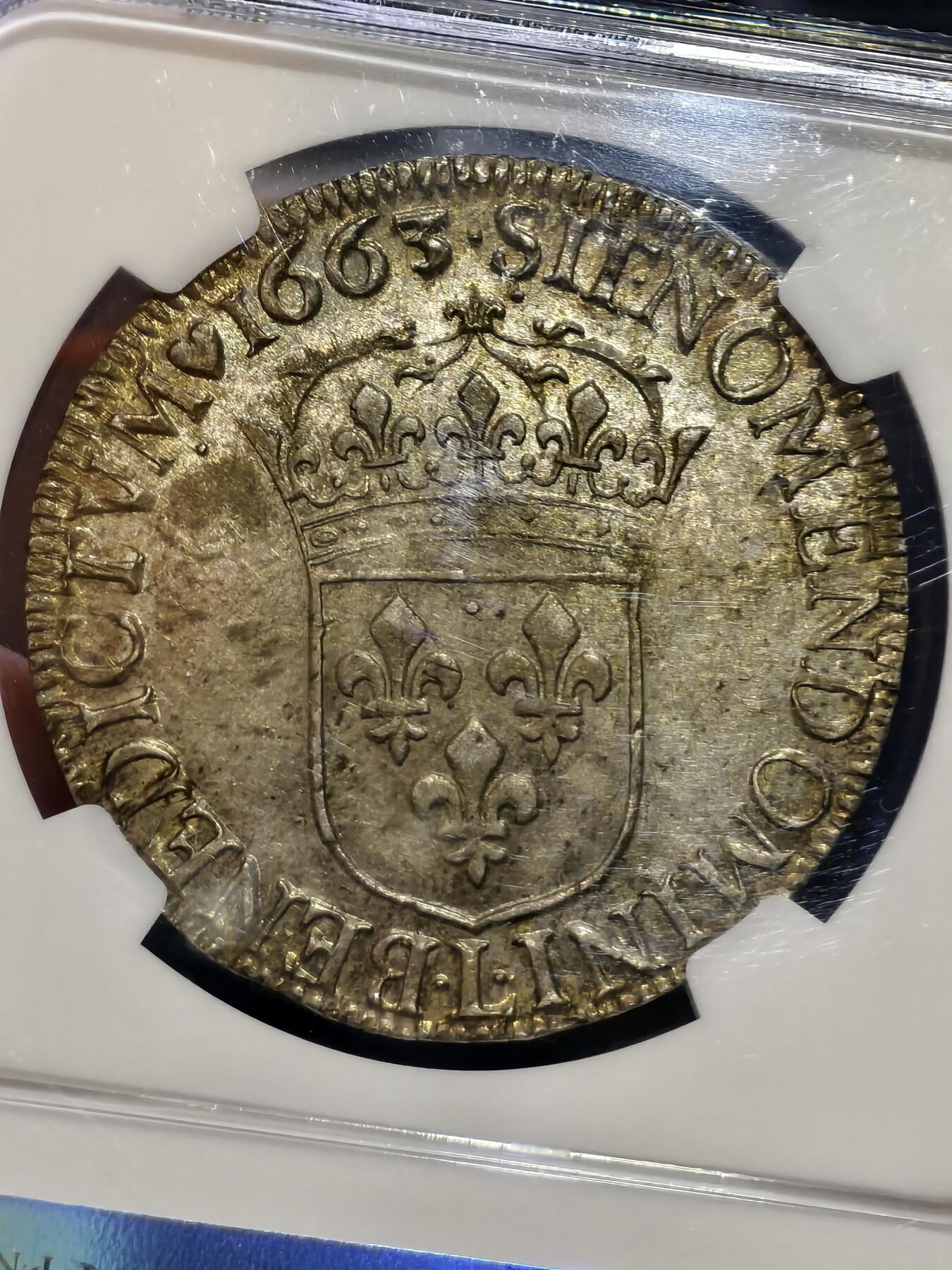 NGC-AU58法国1663年太阳王路易十四埃居银币