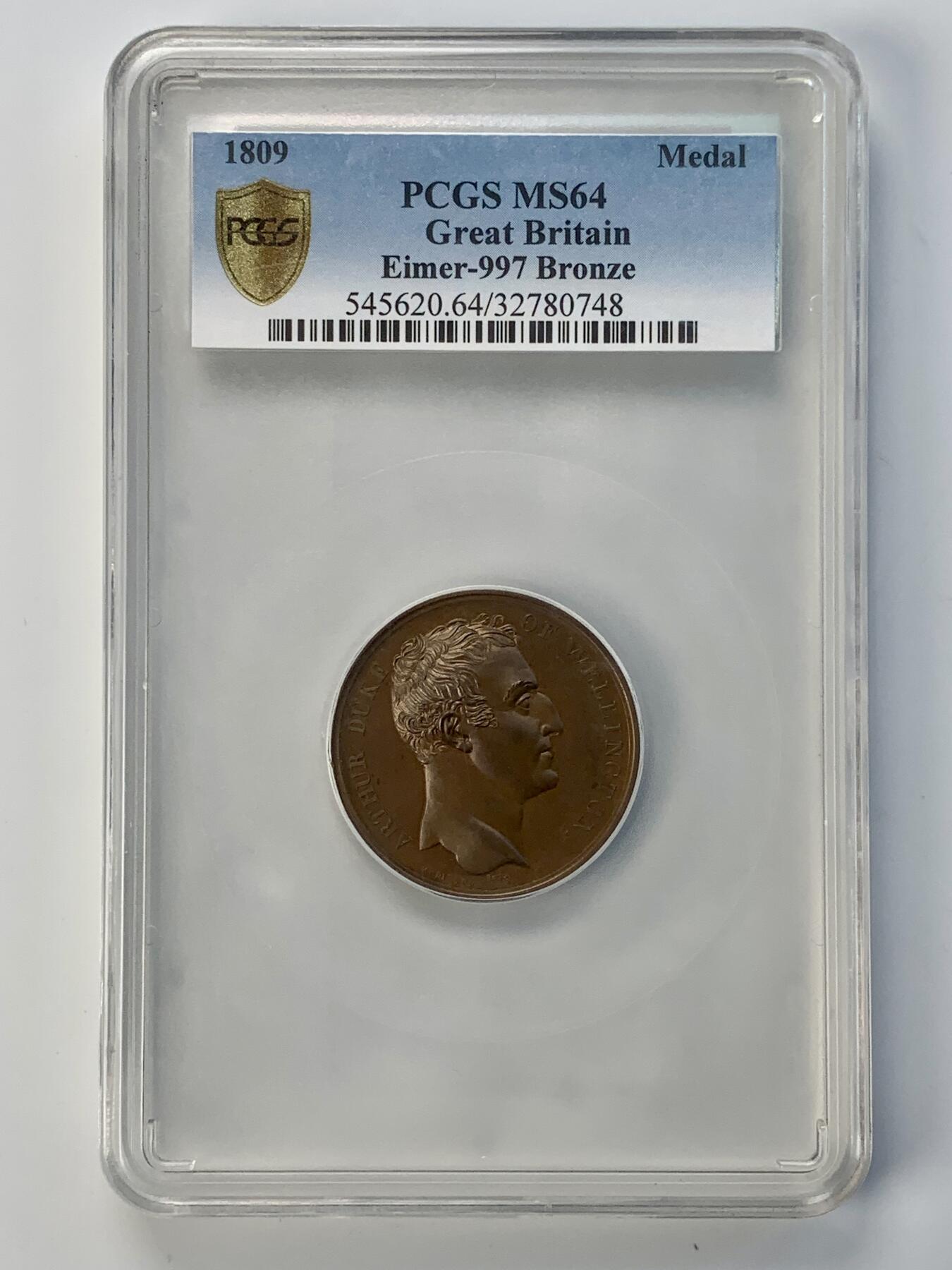 掌中浮雕-藏着的欧洲第039场 PCGS MS64：1805年英国杜罗河战役纪念大铜章，41mm，正面威林顿公爵头像 