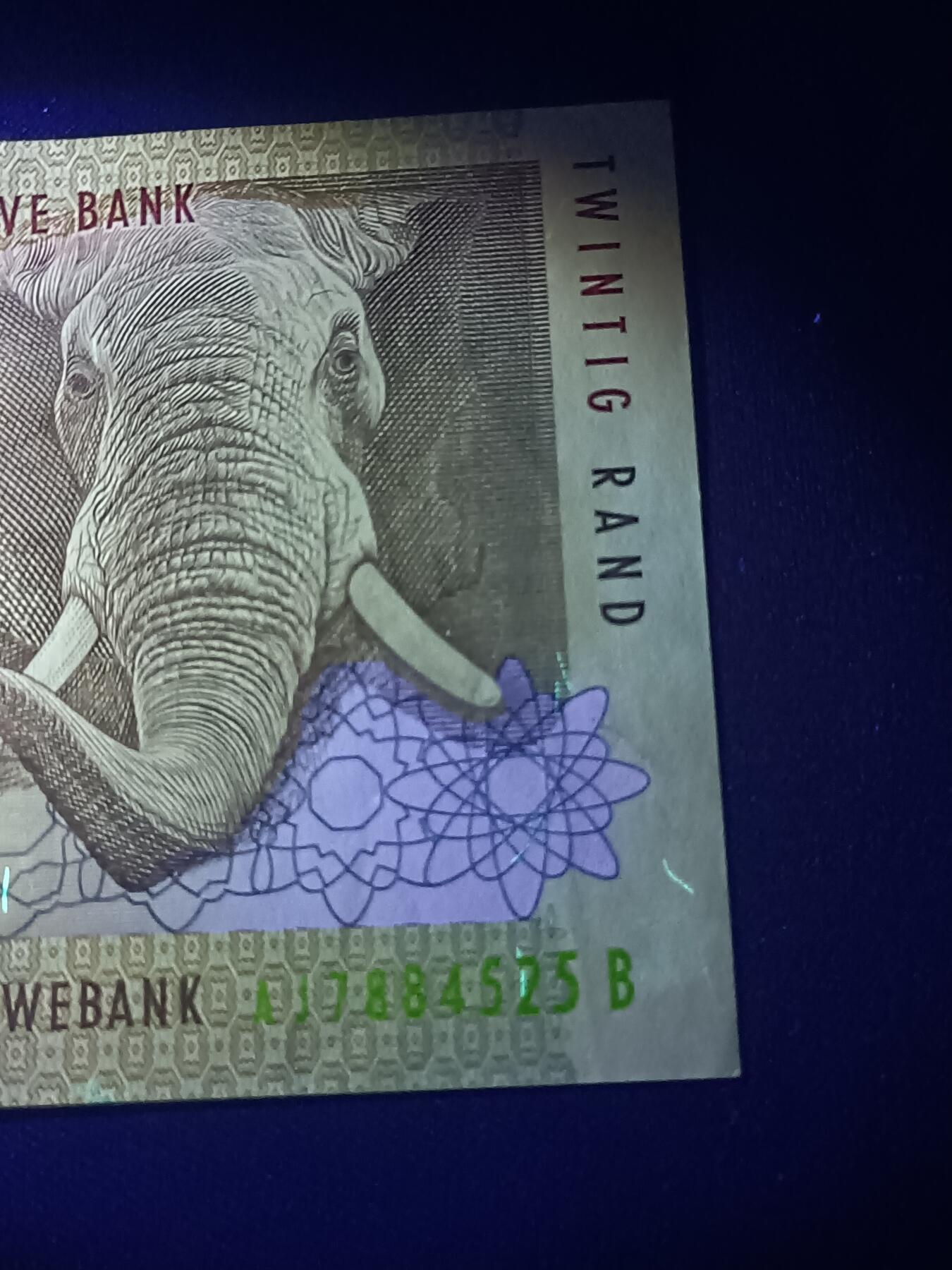 【游宝拍卖】乙巳蛇年82期  南非-20兰特【流通品相 荧光反应详图3】