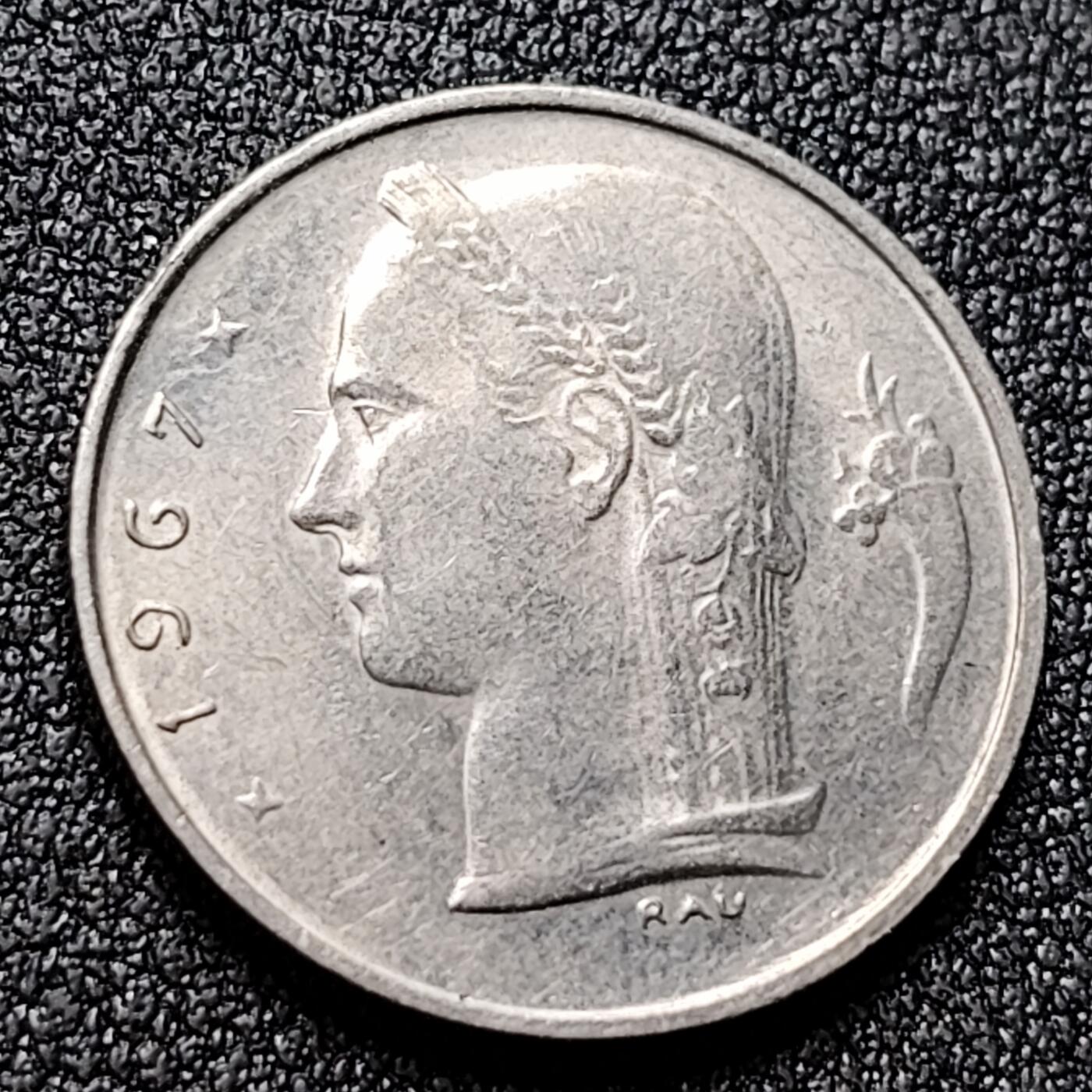 泉币菌-第119场-精品福利场 比利时1967年1法郎铜镍币（佛兰芒文版BELGIË），谷物女神