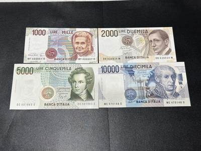 《外钞收藏家》第五百八十期（精选场）（本平台长期征集拍品、欢迎藏友们联系合作） - 意大利上一版本4张一套（1000-1万里拉）	UNC