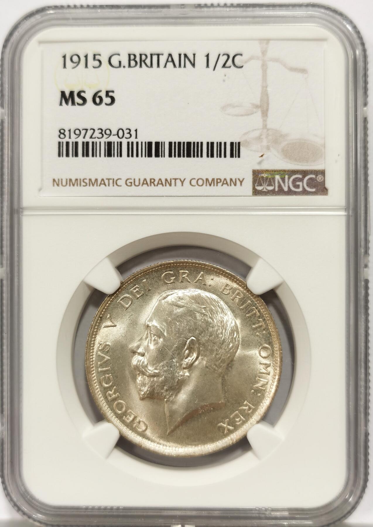 博洋堂世界钱币拍卖第144期（全场包邮） NGC MS65 英国1915年乔治五世半克朗银币