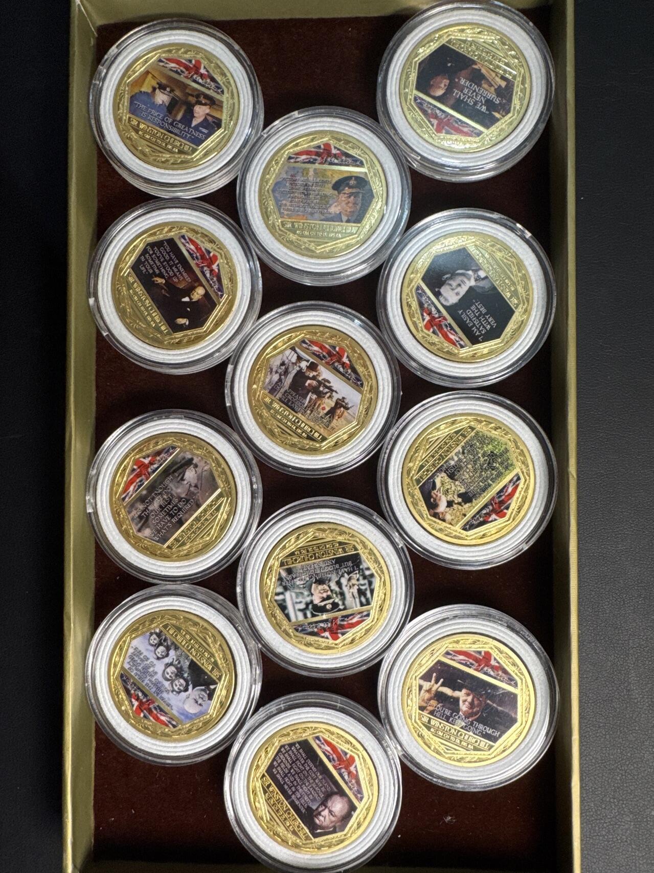 ❤️【币观天下】❤️ 第329期钱币拍卖- 2025.10.31周五晚上6点半场-长期征集拍品 英国2021年丘吉尔首相彩色铜质镀金纪念章12枚一套发行量5000套