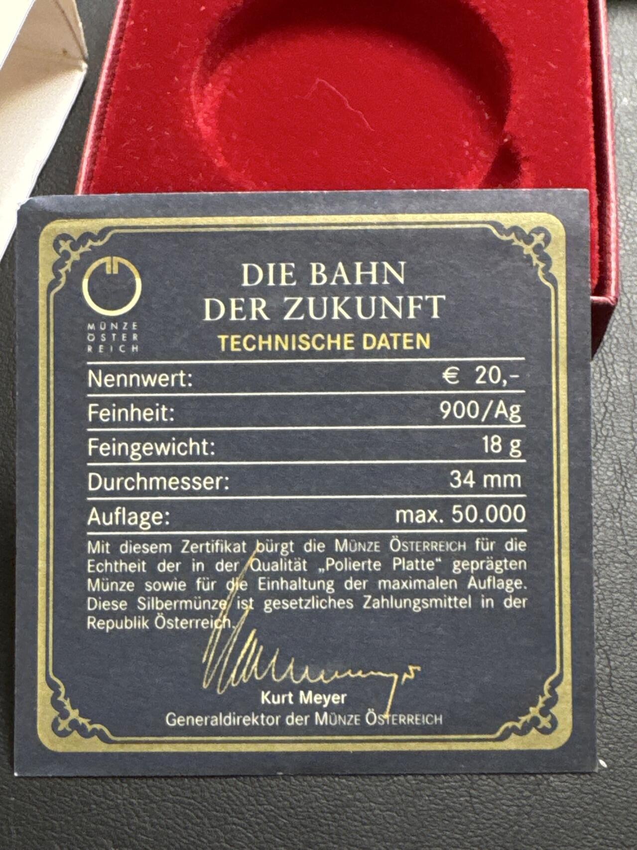 ❤️【币观天下】❤️ 第329期钱币拍卖- 2025.10.31周五晚上6点半场-长期征集拍品 原厂盒证奥地利2009年20欧元未来铁路精制银币900银20克直径34毫米